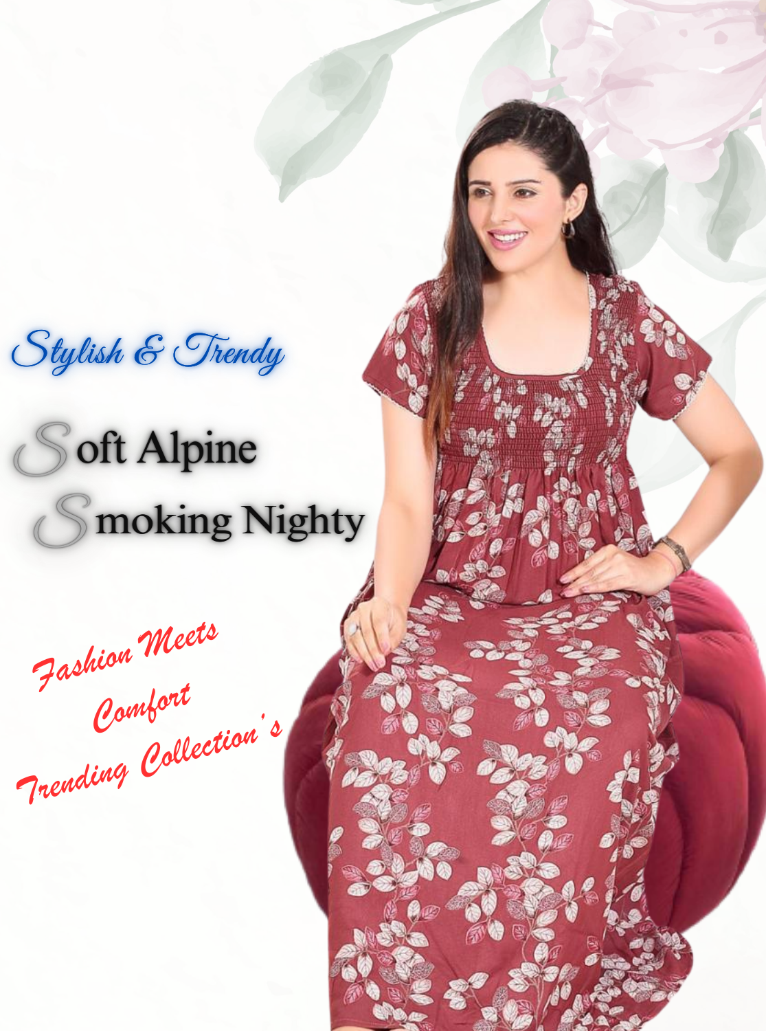 New Arrivals ONLY MINE Premium ALPINE Smokey Nighty | Beautiful Pleated Design | Side Pocket | Stylish Nighty for Trendy Women's | Your Perfect Nightwear Collection's (ALS)