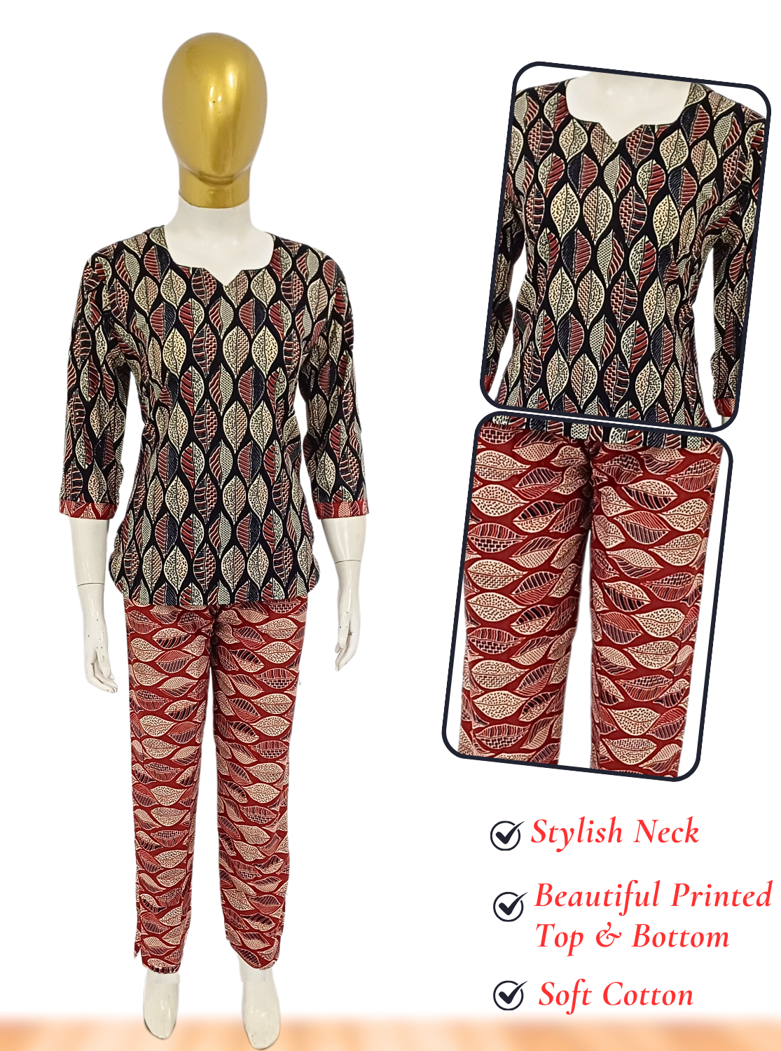 MANGAI Premium Cotton Printed Cambric Night Suits | Stylish Print's All Over | Top & Bottom Set | 3/4 Sleeve | Trendy Night Suits for Stylish Women's (CMNS)