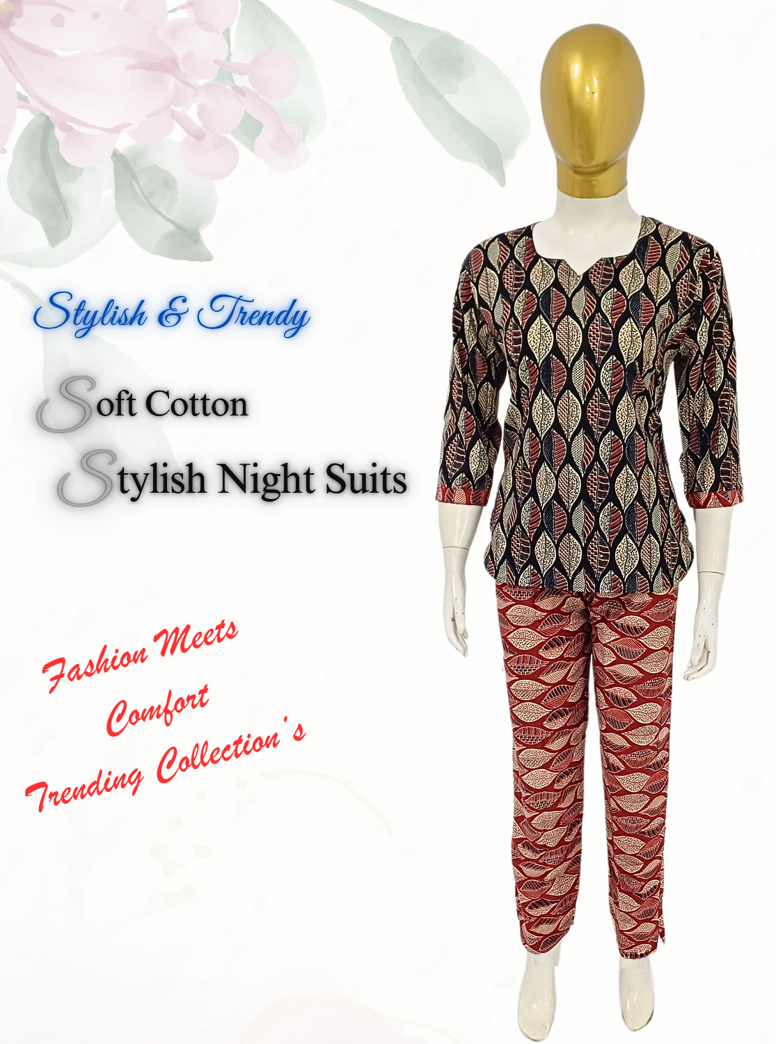 MANGAI Premium Cotton Printed Cambric Night Suits | Stylish Print's All Over | Top & Bottom Set | 3/4 Sleeve | Trendy Night Suits for Stylish Women's (CMNS)