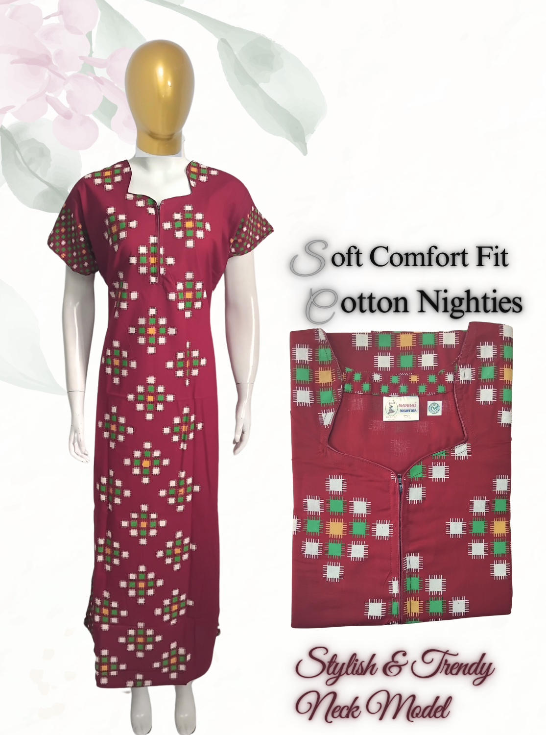 MANGAI New Regular Fit Cotton PrintedNighties - All Over Printed Stylish COLLAR Model Nighties| Side Cut Pocket | Beautiful Nighties for Stylish Women's (EM)