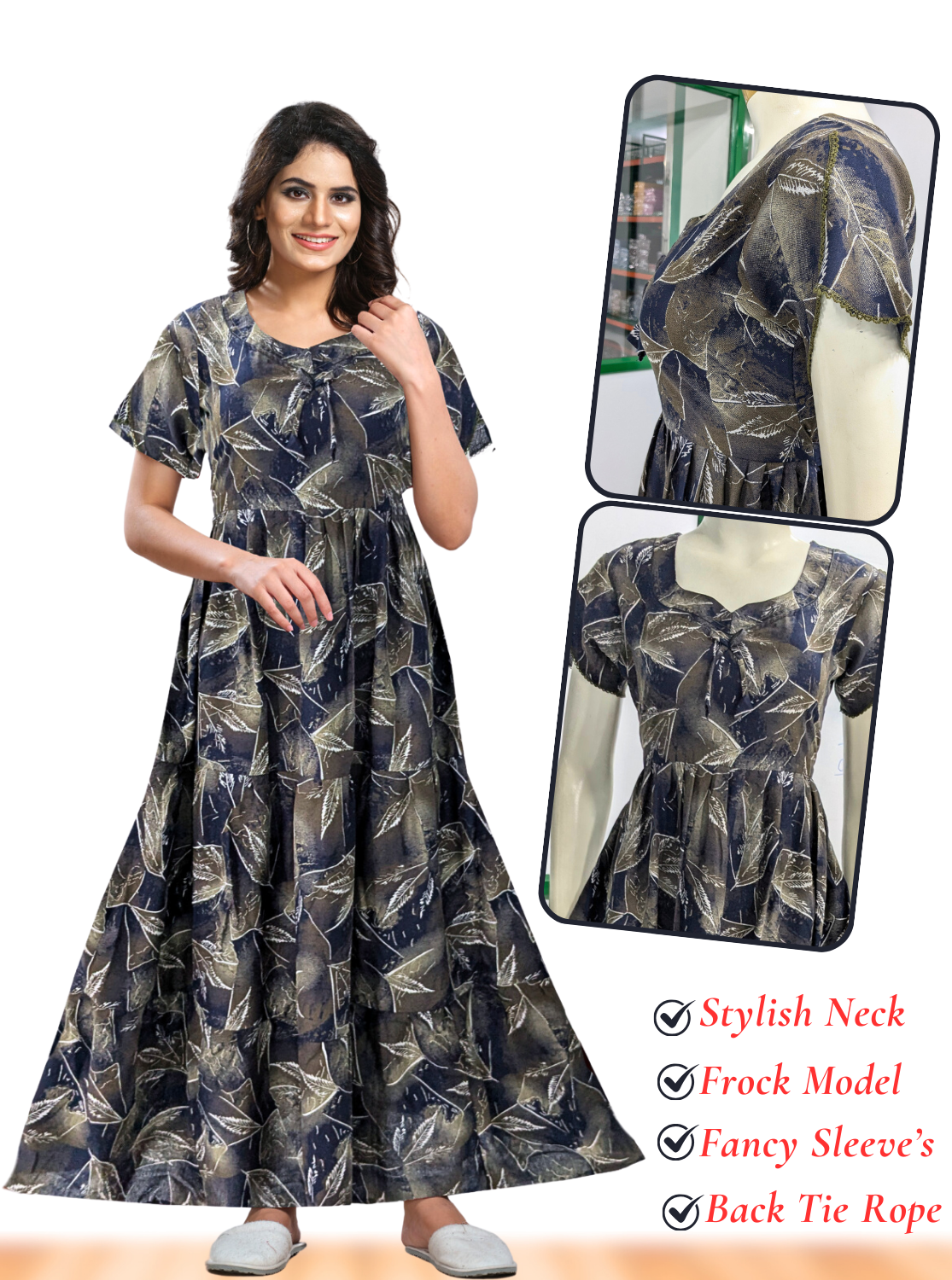 Fresh Arrivals MANGAI Alpine FULL FROCK Model Nighties | Beautiful Stylish Frock Style | Stylish Fancy Sleeves | Side Pocket | Perfect Nightwear Trendy Women's (FRK)