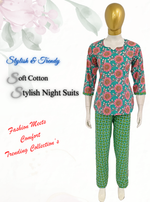 MANGAI Premium Cotton Printed Cambric Night Suits | Stylish Print's All Over | Top & Bottom Set | 3/4 Sleeve | Trendy Night Suits for Stylish Women's (CMNS)