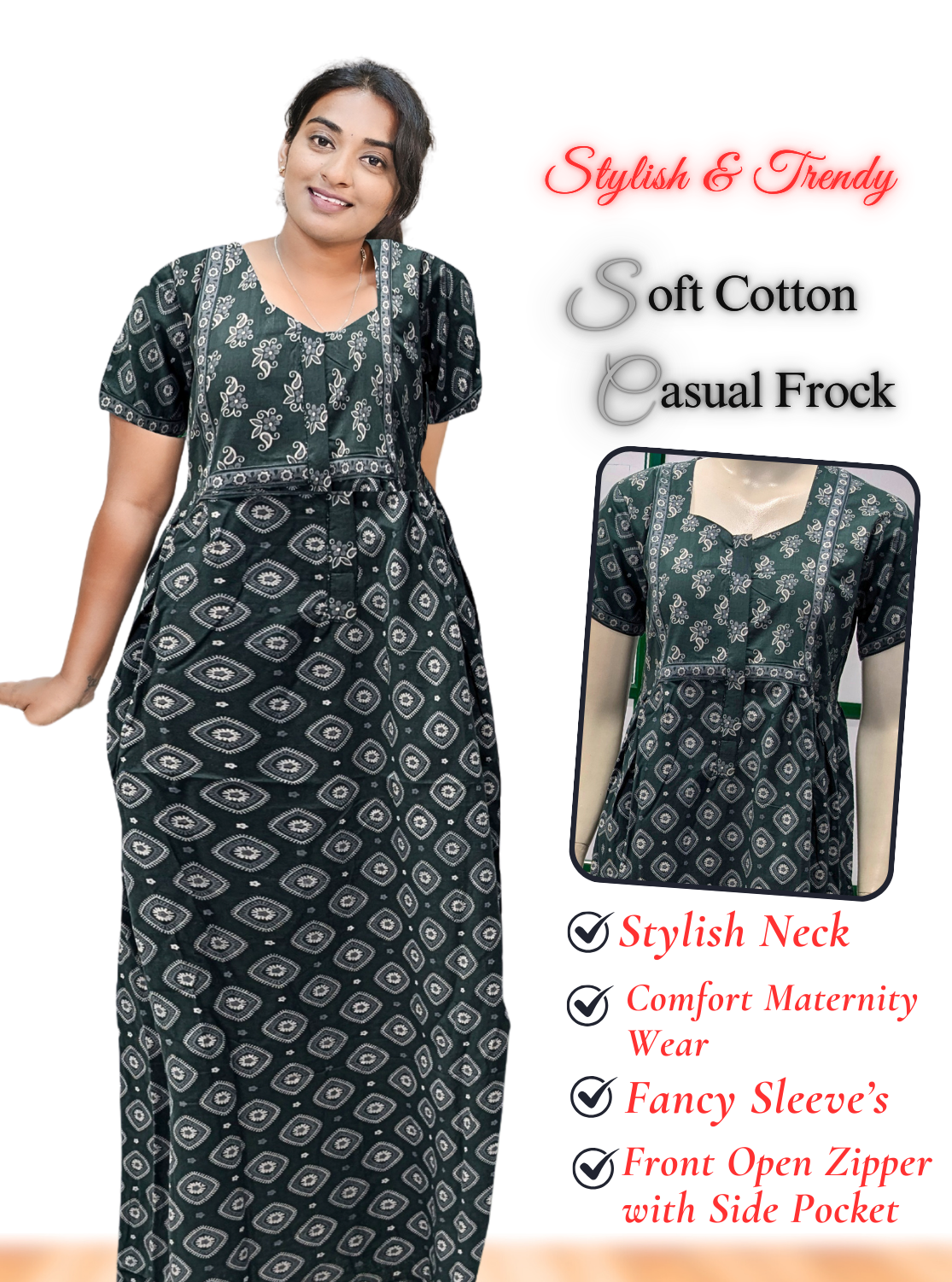 MANGAI Premium Casual Wear Cotton FROCK Model Nighties | Stylish Pleated Frock Style | Multipurpose Nighties | Casual & Pregnancy Wear | Pleated Model | Stylish Nighties for Stylish Women (MW)