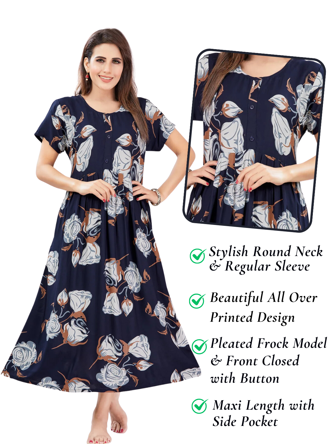 Rayon MAXI Length FROCK Model Nighties | Regular Sleeve's | Pleated Frock Style | Updated Collection's (FRK-H)