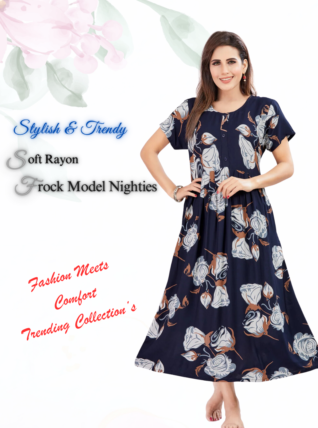 Rayon MAXI Length FROCK Model Nighties | Regular Sleeve's | Pleated Frock Style | Updated Collection's (FRK-H)