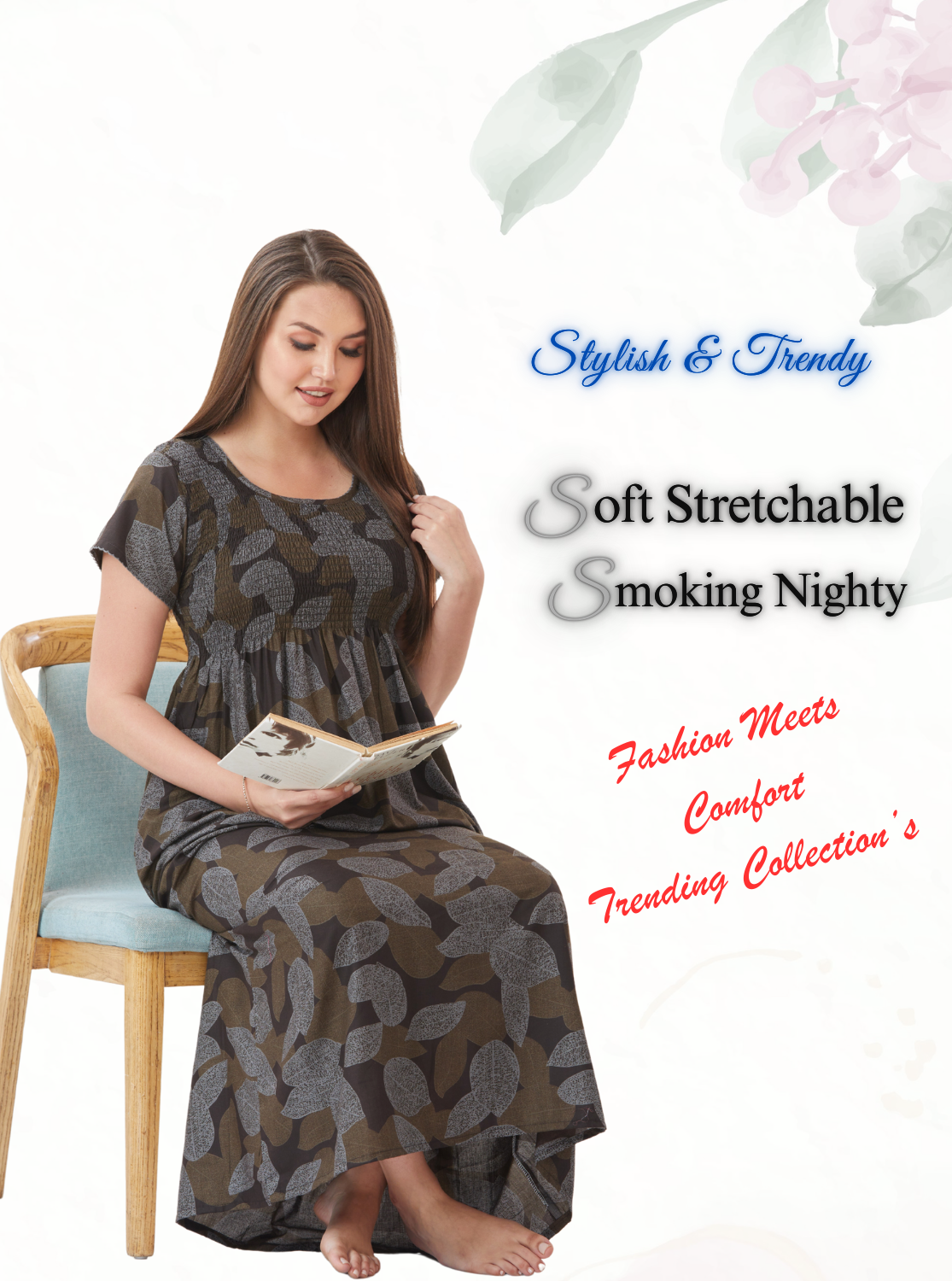 ONLY MINE Premium Smokey Nighty | Stretchable Elastic Type | Beautiful Pleated Model | Side Pocket | Stylish Nighty for Stylish Women's (OM-RAH)