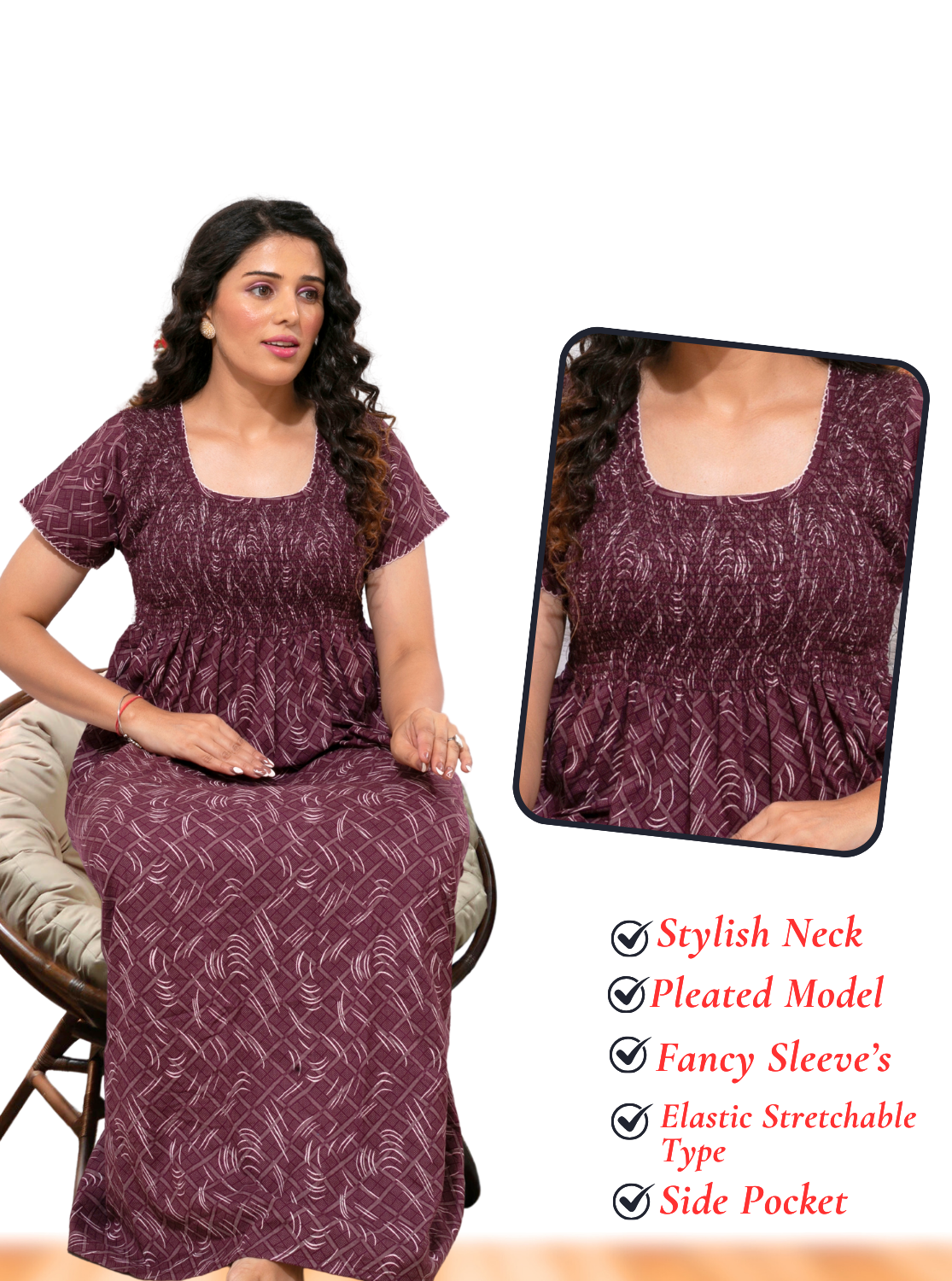 ONLY MINE Premium Smokey Nighty | Stretchable Elastic Type | Beautiful Pleated Model | Side Pocket | Stylish Nighty for Stylish Women's (OM-RAH)