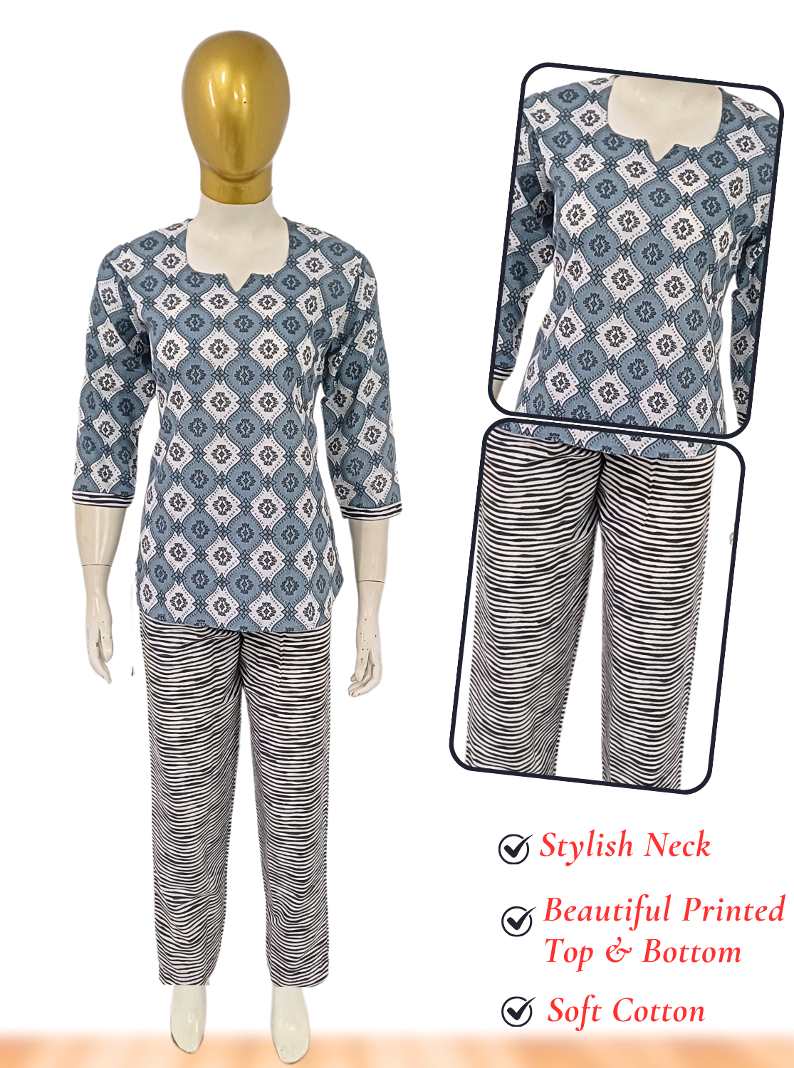 MANGAI Premium Cotton Printed Cambric Night Suits | Stylish Print's All Over | Top & Bottom Set | 3/4 Sleeve | Trendy Night Suits for Stylish Women's (CMNS)