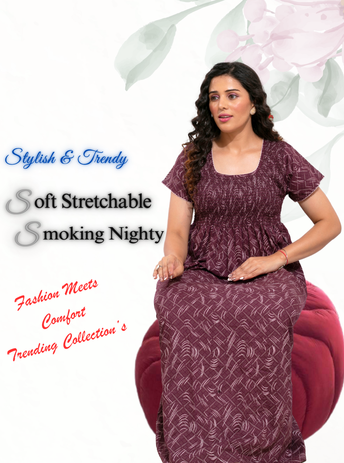 ONLY MINE Premium Smokey Nighty | Stretchable Elastic Type | Beautiful Pleated Model | Side Pocket | Stylish Nighty for Stylish Women's (OM-RAH)