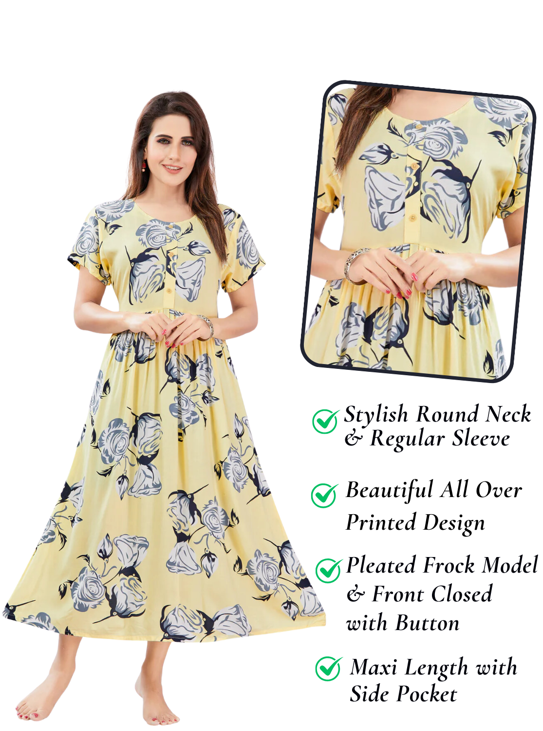 Rayon MAXI Length FROCK Model Nighties | Regular Sleeve's | Pleated Frock Style | Updated Collection's (FRK-H)