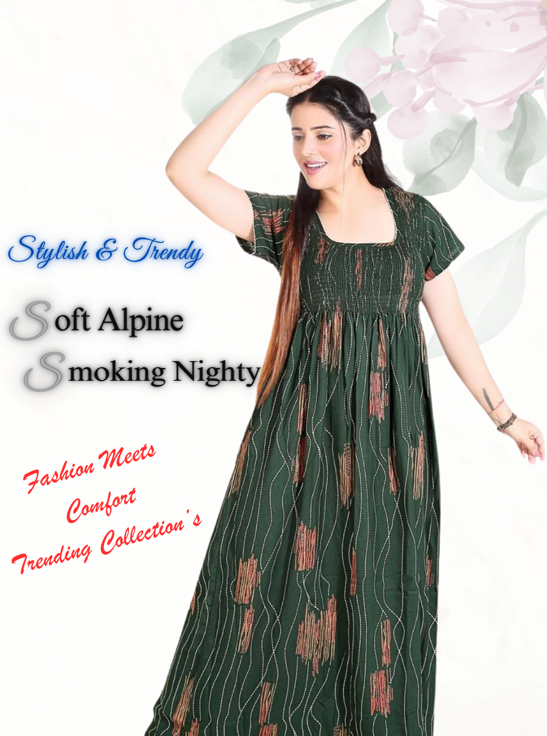 New Arrivals ONLY MINE Premium ALPINE Smokey Nighty | Beautiful Pleated Design | Side Pocket | Stylish Nighty for Trendy Women's | Your Perfect Nightwear Collection's (ALS)