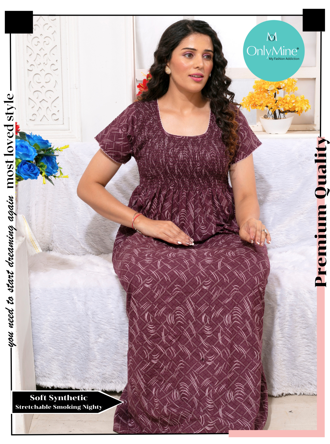 ONLY MINE Premium Smokey Nighty | Stretchable Elastic Type | Beautiful Pleated Model | Side Pocket | Stylish Nighty for Stylish Women's (OM-RAH)