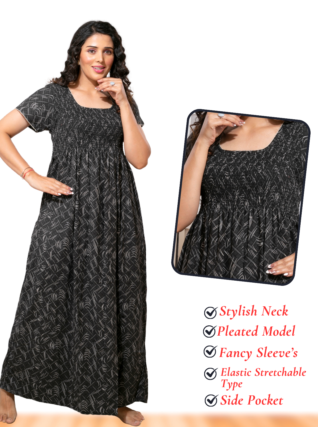 ONLY MINE Premium Smokey Nighty | Stretchable Elastic Type | Beautiful Pleated Model | Side Pocket | Stylish Nighty for Stylish Women's (OM-RAH)