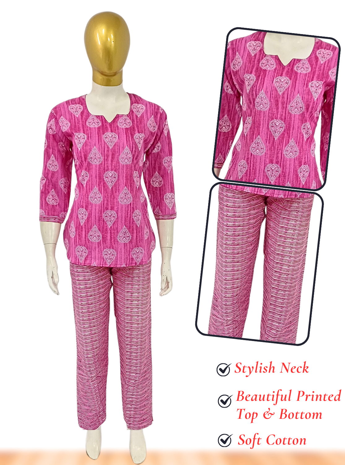 MANGAI Premium Cotton Printed Cambric Night Suits | Stylish Print's All Over | Top & Bottom Set | 3/4 Sleeve | Trendy Night Suits for Stylish Women's (CMNS)