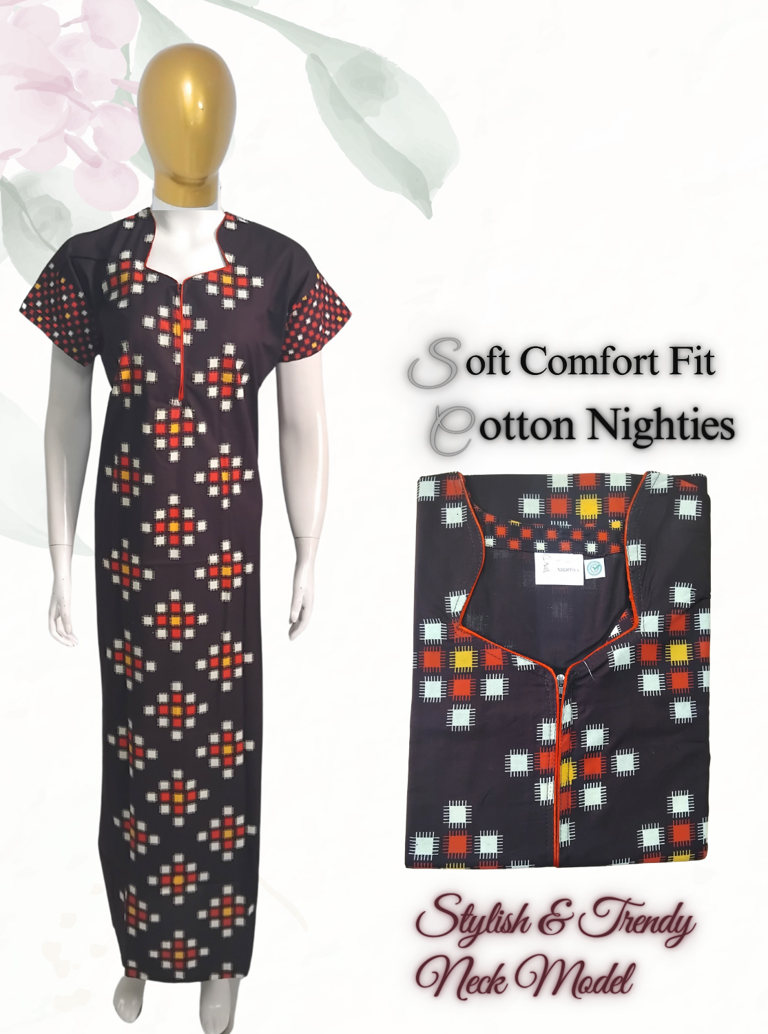 MANGAI New Regular Fit Cotton PrintedNighties - All Over Printed Stylish COLLAR Model Nighties| Side Cut Pocket | Beautiful Nighties for Stylish Women's (EM)