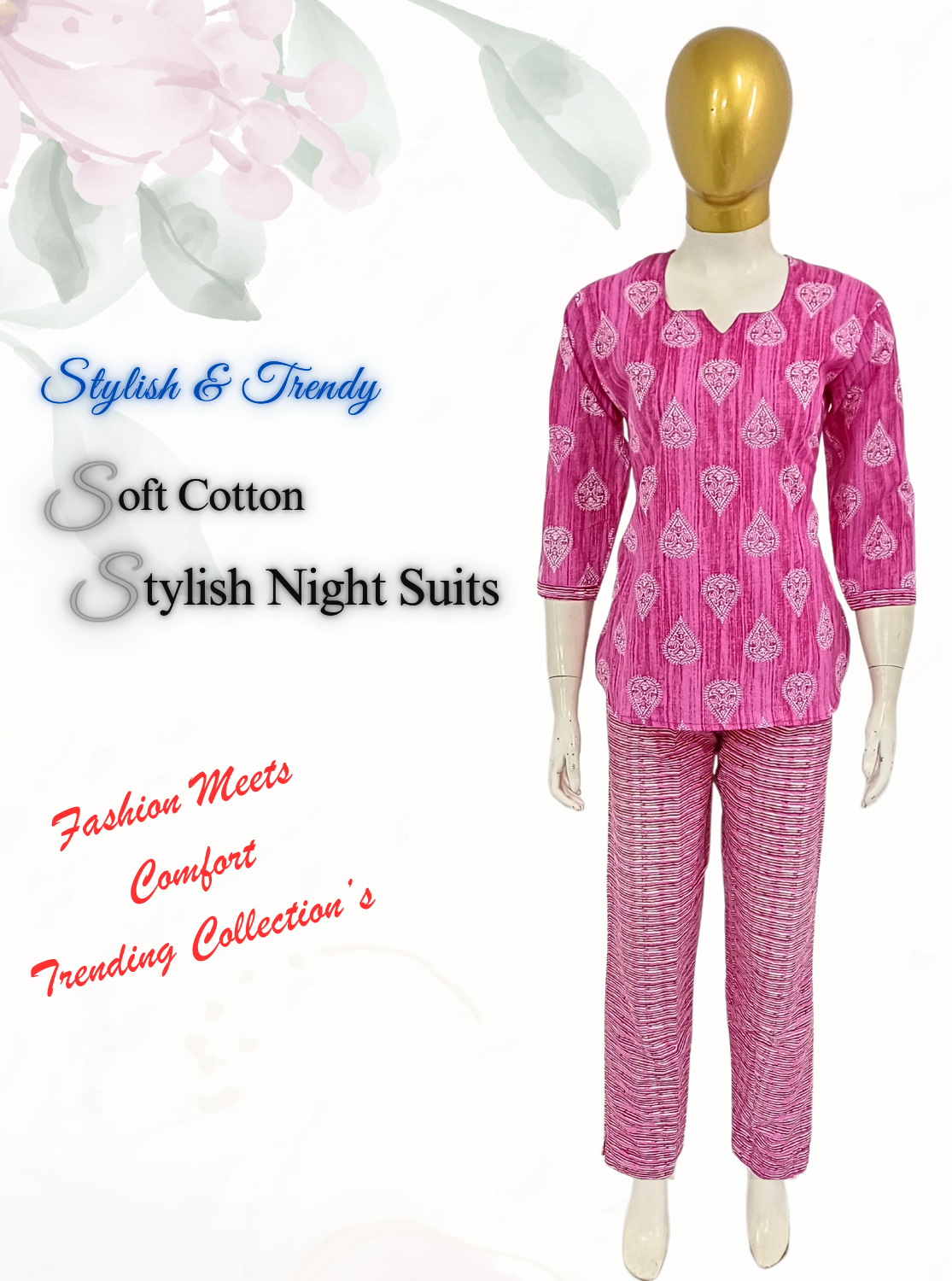 MANGAI Premium Cotton Printed Cambric Night Suits | Stylish Print's All Over | Top & Bottom Set | 3/4 Sleeve | Trendy Night Suits for Stylish Women's (CMNS)