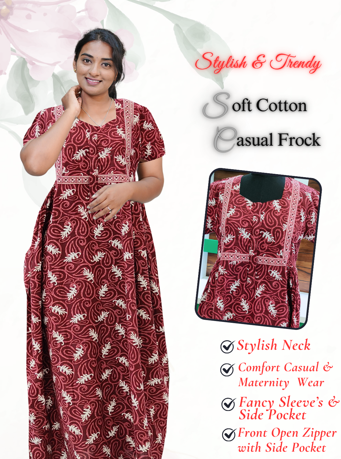 MANGAI Premium Casual Wear Cotton FROCK Model Nighties | Stylish Pleated Frock Style | Multipurpose Nighties | Casual & Pregnancy Wear | Pleated Model | Stylish Nighties for Stylish Women (MW)