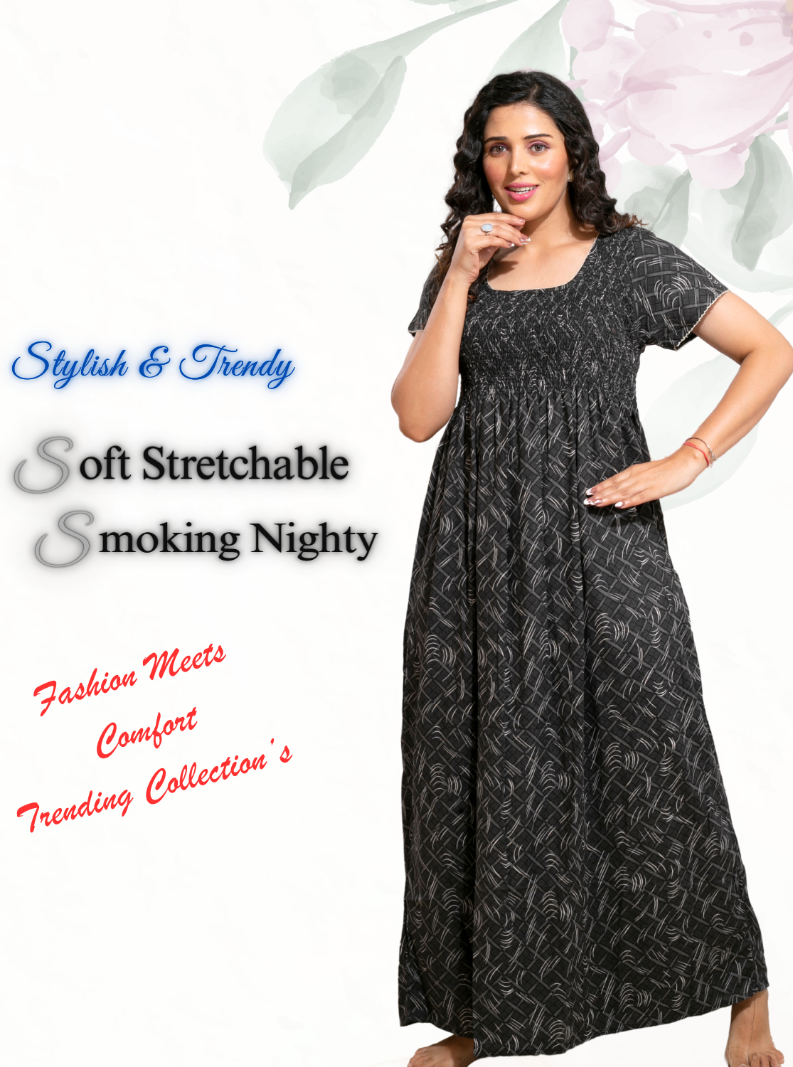 ONLY MINE Premium Smokey Nighty | Stretchable Elastic Type | Beautiful Pleated Model | Side Pocket | Stylish Nighty for Stylish Women's (OM-RAH)