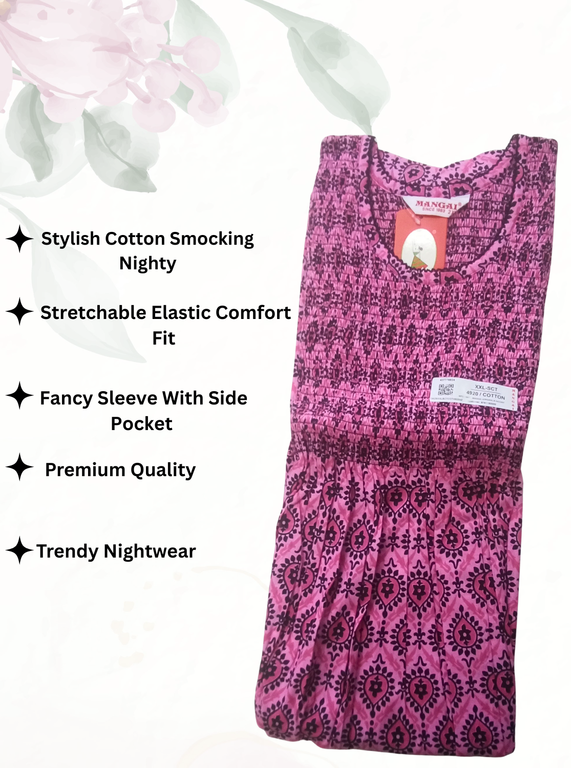 Soft Cotton Stretchable Smocking Nighties for New Arrivals | Daily Comforts & Light Weighted Elastic Nighties| Smocking Nightgown for Trendy Women's (SCT)