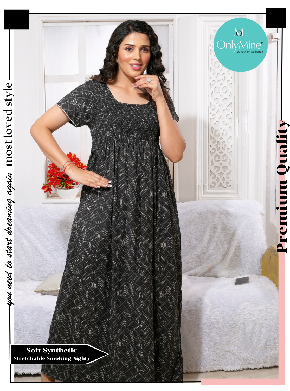 ONLY MINE Premium Smokey Nighty | Stretchable Elastic Type | Beautiful Pleated Model | Side Pocket | Stylish Nighty for Stylish Women's (OM-RAH)