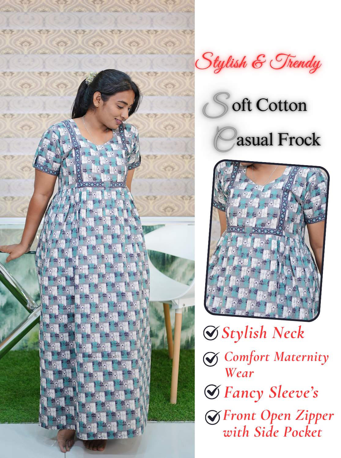 MANGAI Premium Casual Wear Cotton FROCK Model Nighties | Stylish Pleated Frock Style | Multipurpose Nighties | Casual & Pregnancy Wear | Pleated Model | Stylish Nighties for Stylish Women (MW)