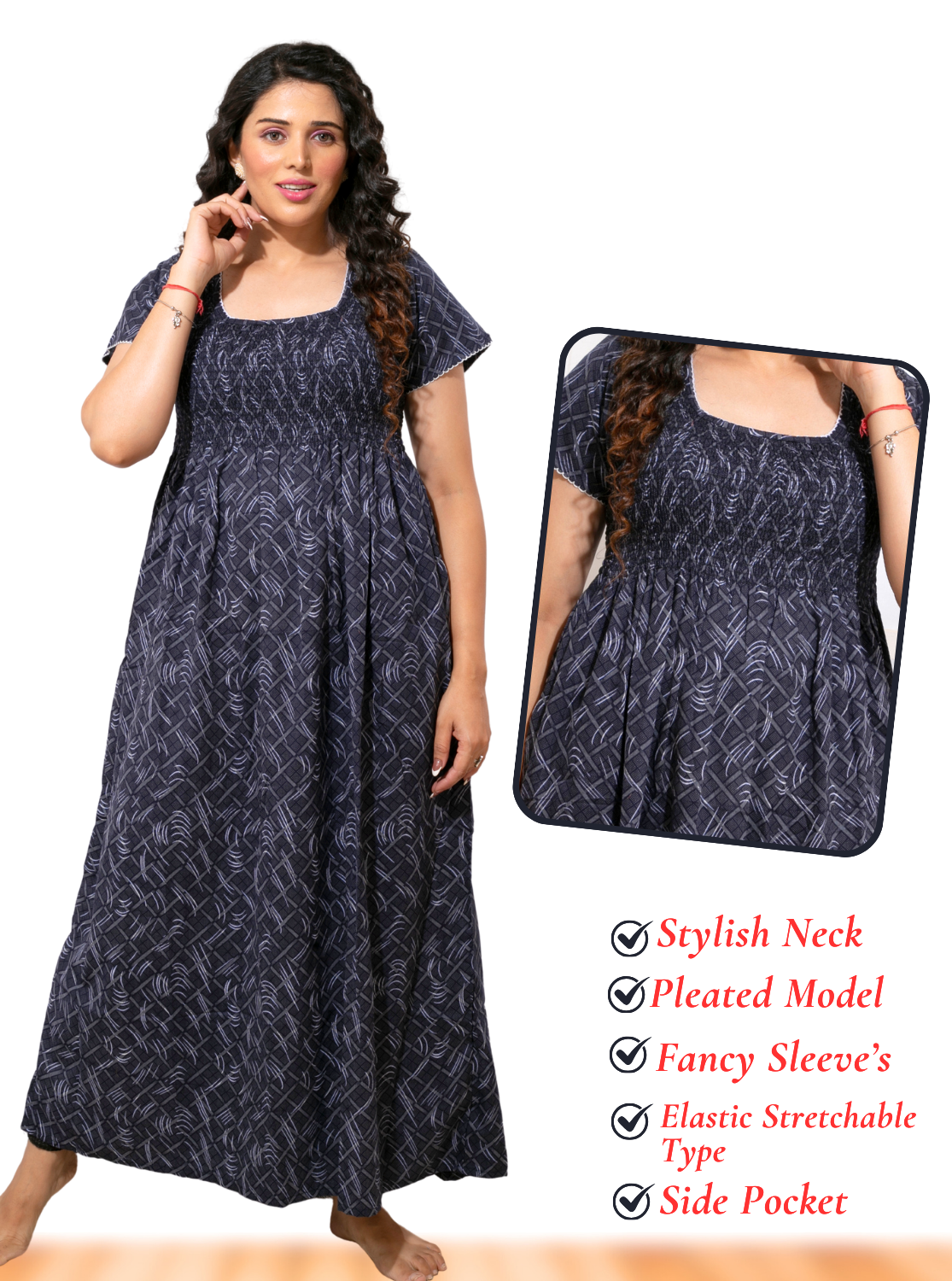 ONLY MINE Premium Smokey Nighty | Stretchable Elastic Type | Beautiful Pleated Model | Side Pocket | Stylish Nighty for Stylish Women's (OM-RAH)