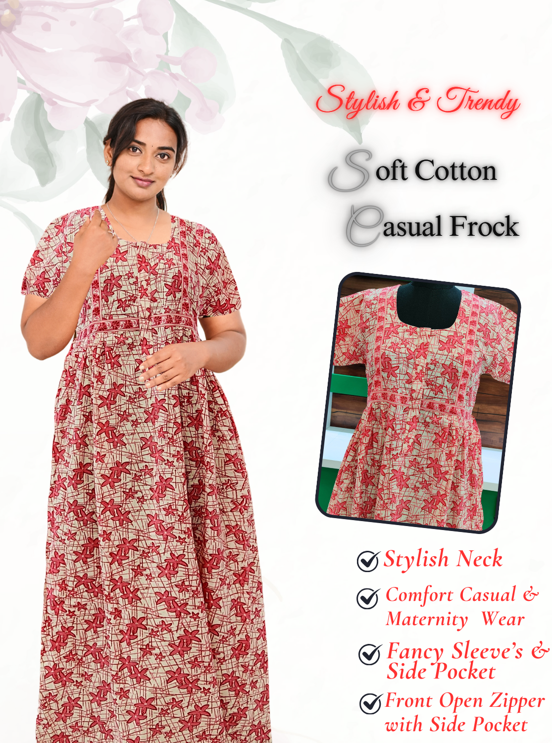 MANGAI Premium Casual Wear Cotton FROCK Model Nighties | Stylish Pleated Frock Style | Multipurpose Nighties | Casual & Pregnancy Wear | Pleated Model | Stylish Nighties for Stylish Women (MW)