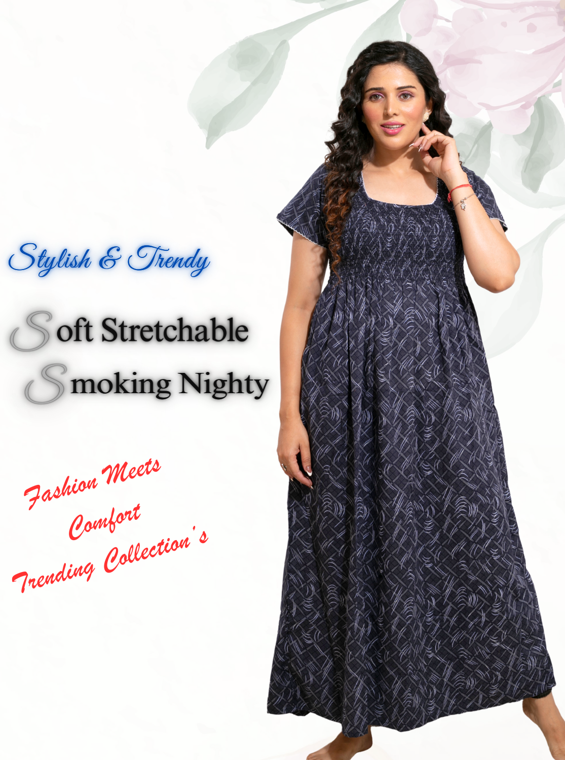 ONLY MINE Premium Smokey Nighty | Stretchable Elastic Type | Beautiful Pleated Model | Side Pocket | Stylish Nighty for Stylish Women's (OM-RAH)