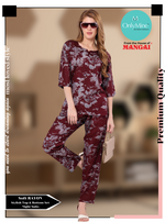 ONLY MINE Premium RAYON Printed Stylish V-Cut Neck Model Night Suits | Stylish Print's All Over | Top & Bottom Set | 3/4 Sleeve| U-Cut Neck | Trendy Night Suits for Stylish Women's (SNS)