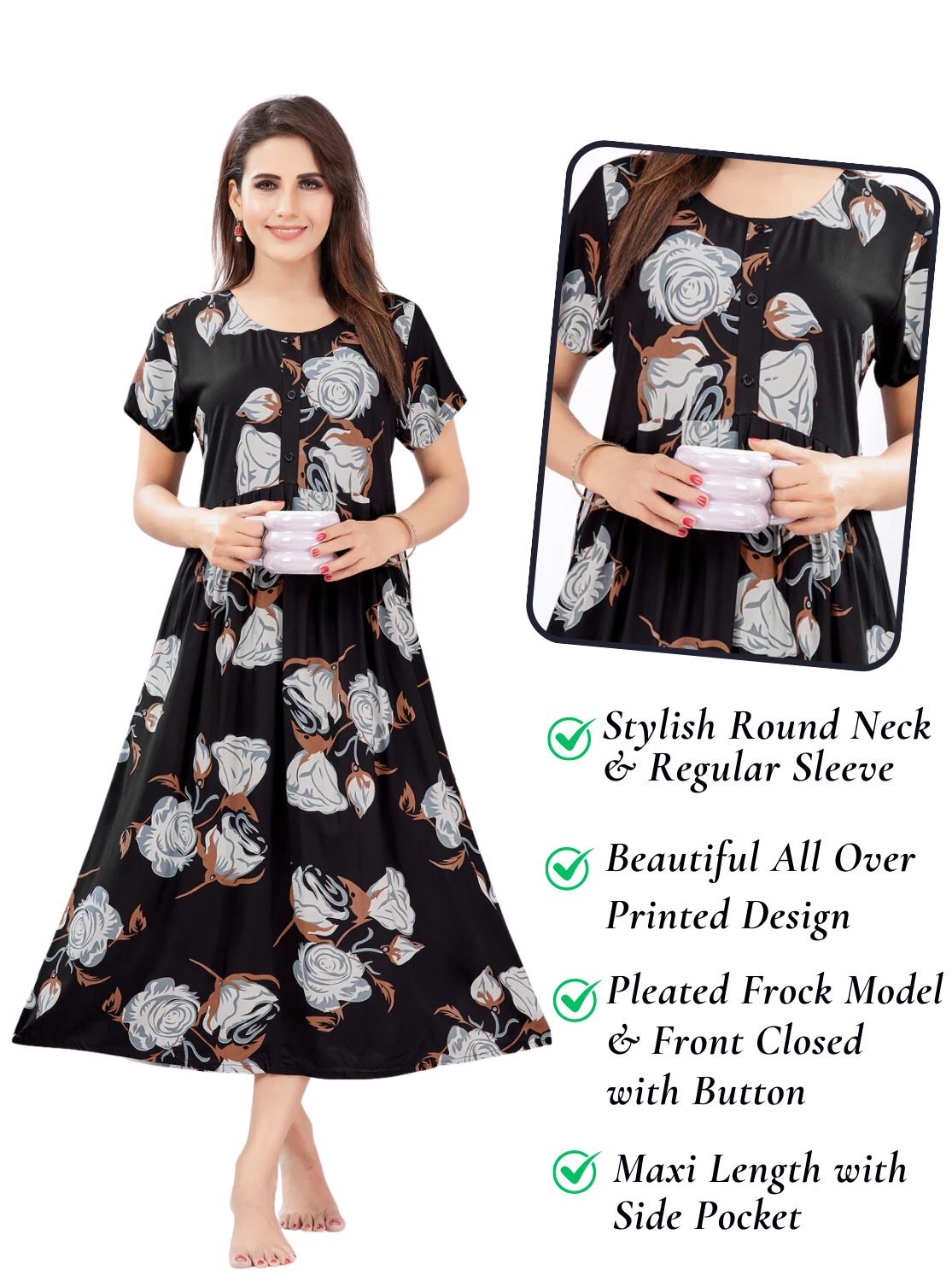 Rayon MAXI Length FROCK Model Nighties | Regular Sleeve's | Pleated Frock Style | Updated Collection's (FRK-H)