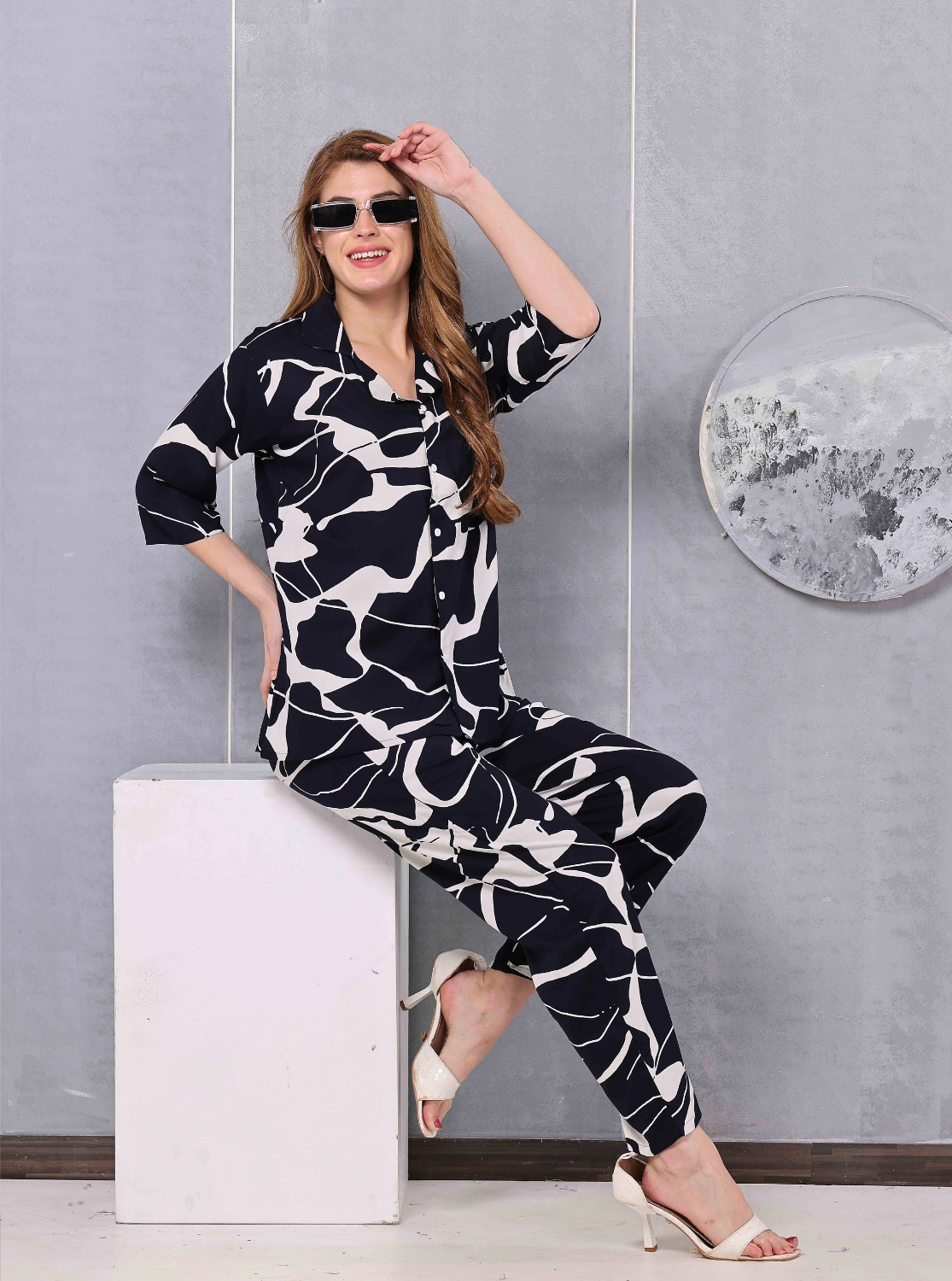 ONLY MINE Premium RAYON Printed Stylish V-Cut Neck Model Night Suits | Stylish Print's All Over | Top & Bottom Set | 3/4 Sleeve| U-Cut Neck | Trendy Night Suits for Stylish Women's (SNS)