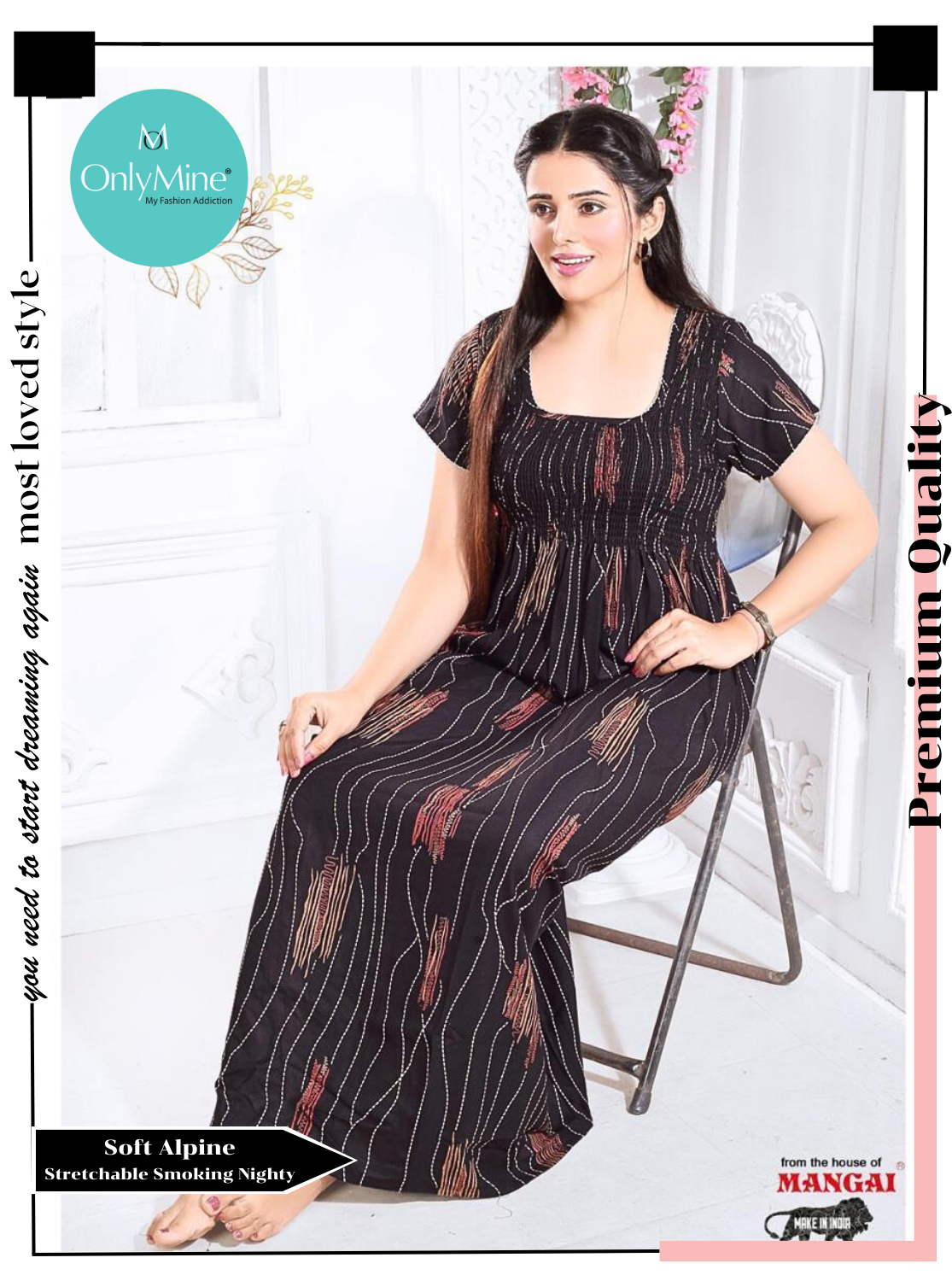 New Arrivals ONLY MINE Premium ALPINE Smokey Nighty | Beautiful Pleated Design | Side Pocket | Stylish Nighty for Trendy Women's | Your Perfect Nightwear Collection's (ALS)