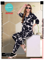 ONLY MINE Premium RAYON Printed Stylish V-Cut Neck Model Night Suits | Stylish Print's All Over | Top & Bottom Set | 3/4 Sleeve| U-Cut Neck | Trendy Night Suits for Stylish Women's (SNS)