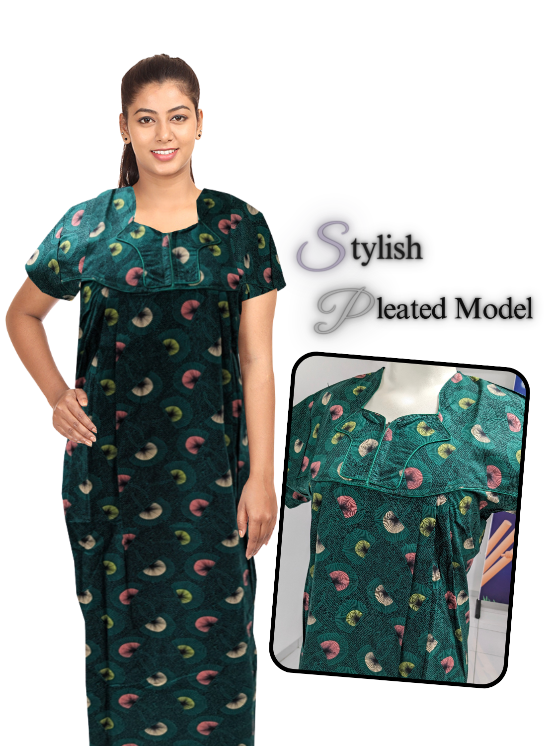 New MANGAI Cotton Printed PLEATED Model Nighties - Fancy Neck | With Side Pocket |Shrinkage Free Nighties | Trendy Collection's for Trendy Women's