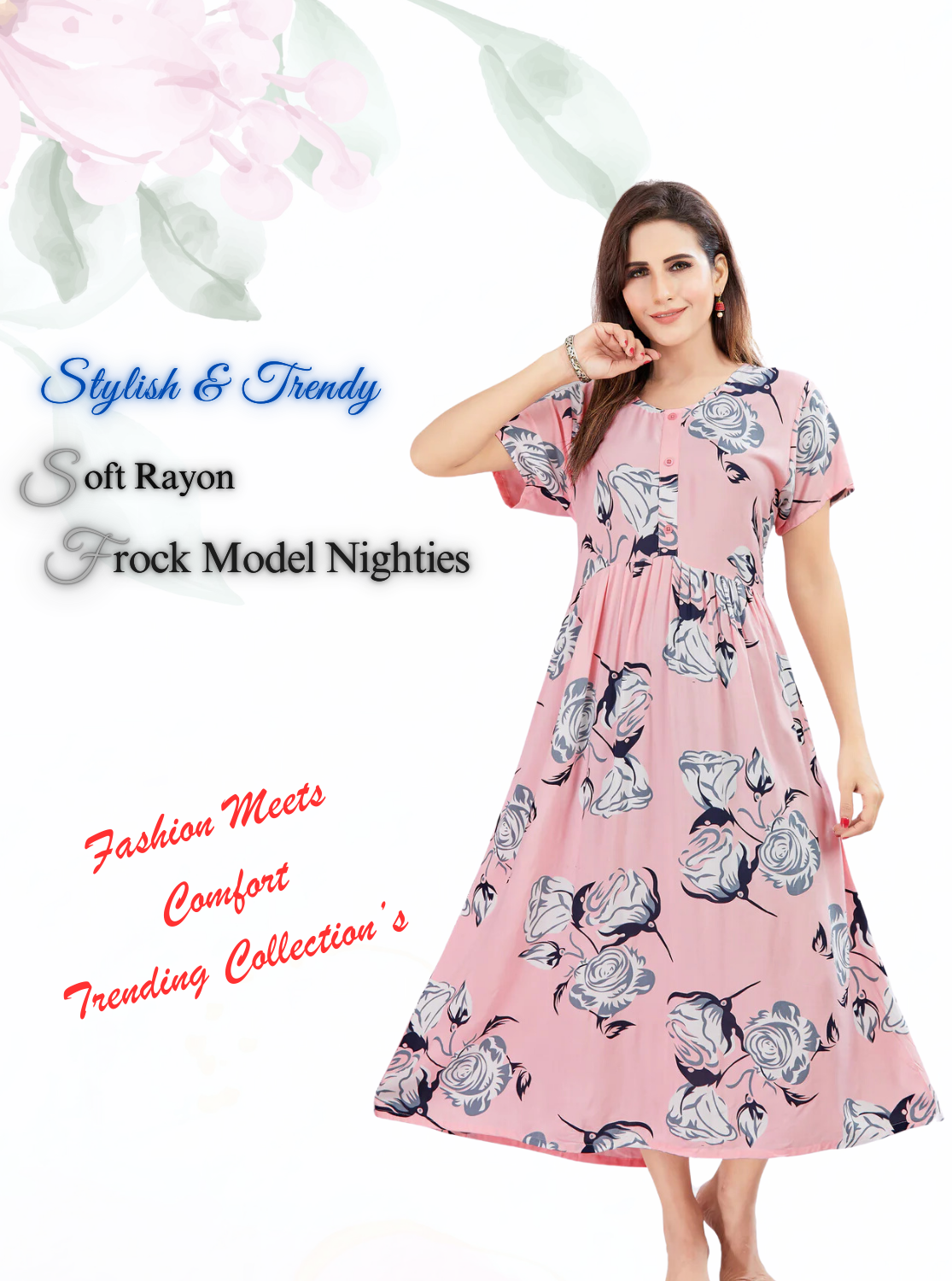 Rayon MAXI Length FROCK Model Nighties | Regular Sleeve's | Pleated Frock Style | Updated Collection's (FRK-H)