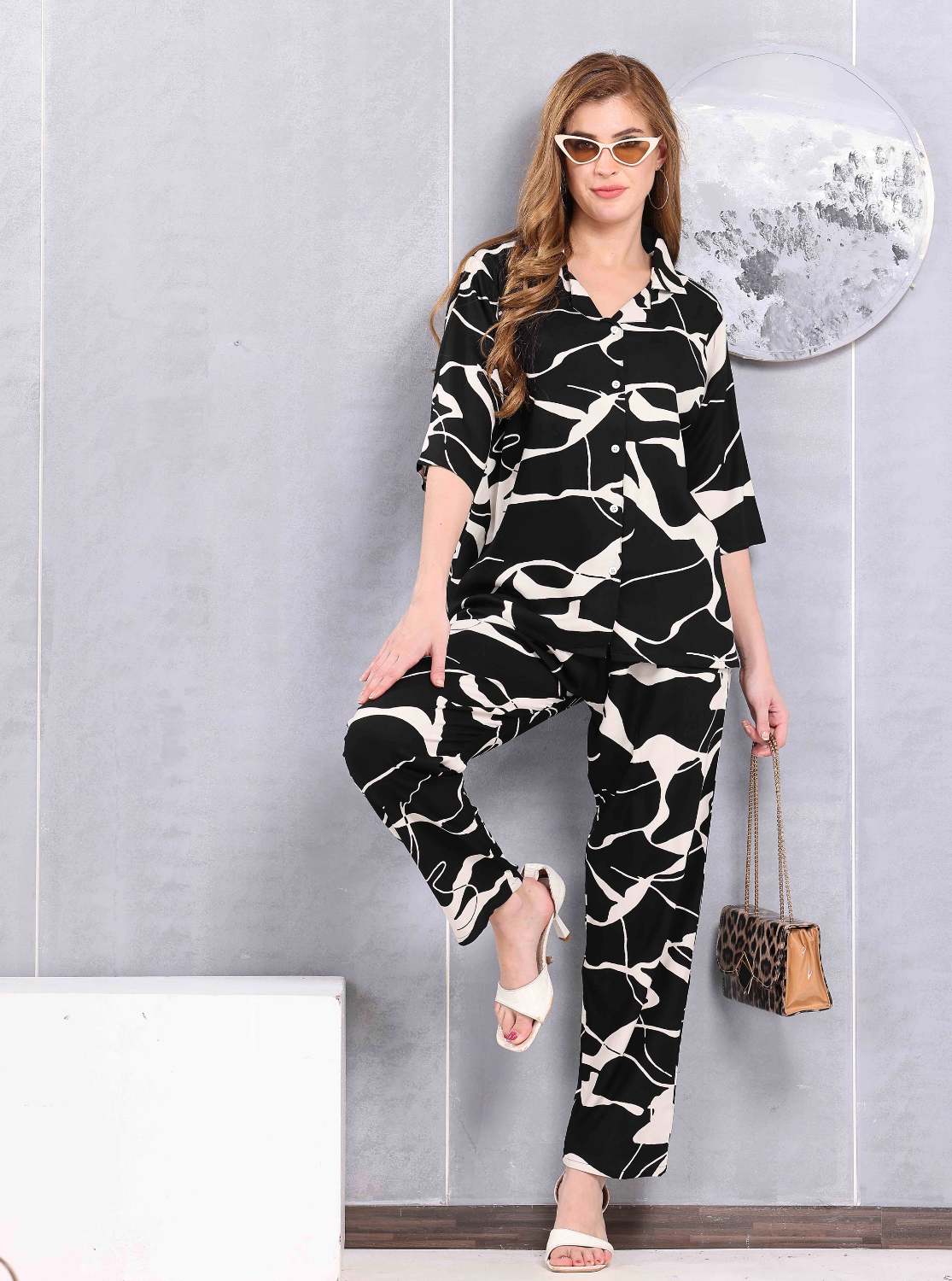 ONLY MINE Premium RAYON Printed Stylish V-Cut Neck Model Night Suits | Stylish Print's All Over | Top & Bottom Set | 3/4 Sleeve| U-Cut Neck | Trendy Night Suits for Stylish Women's (SNS)