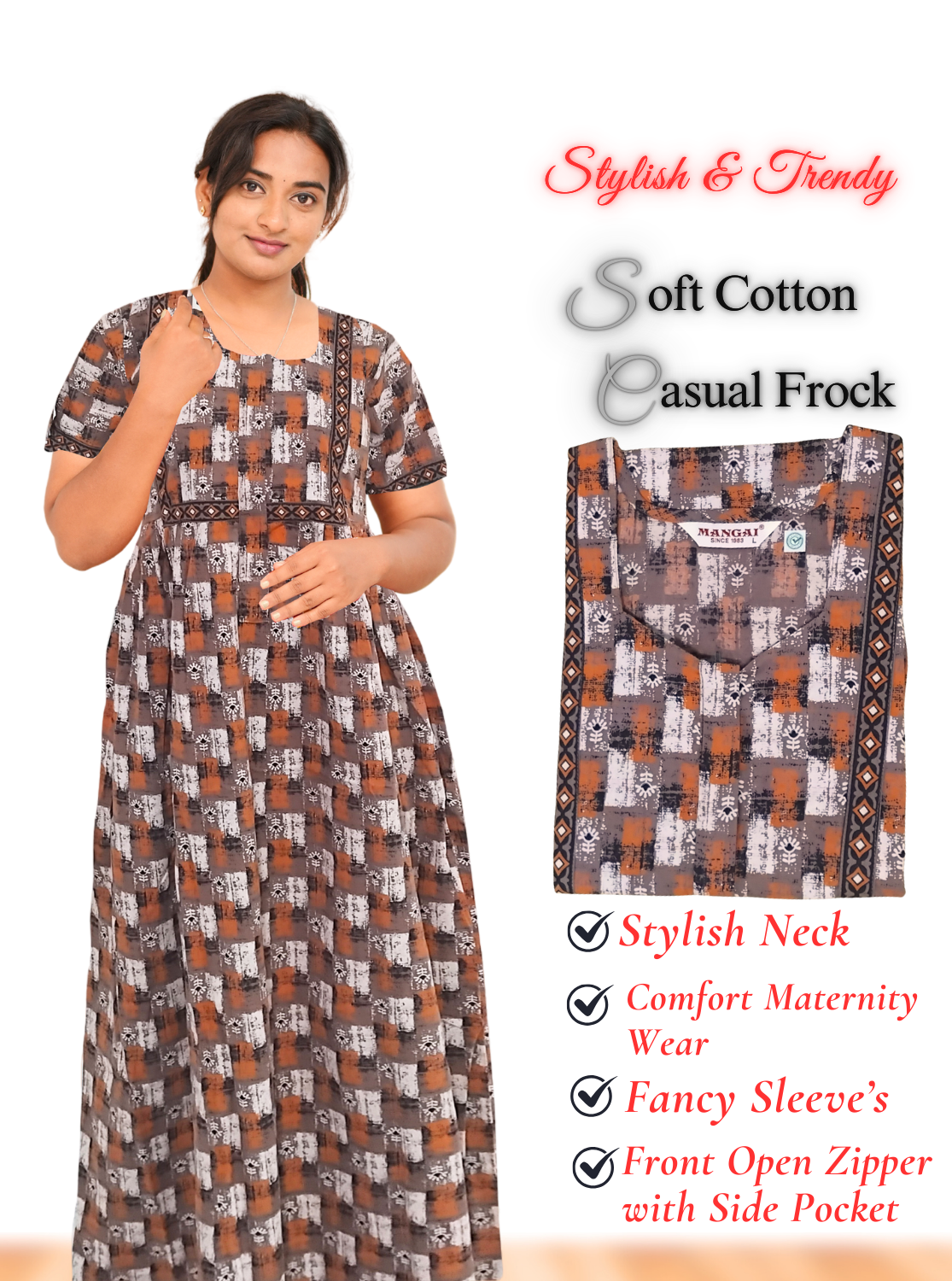 MANGAI Premium Casual Wear Cotton FROCK Model Nighties | Stylish Pleated Frock Style | Multipurpose Nighties | Casual & Pregnancy Wear | Pleated Model | Stylish Nighties for Stylish Women (MW)