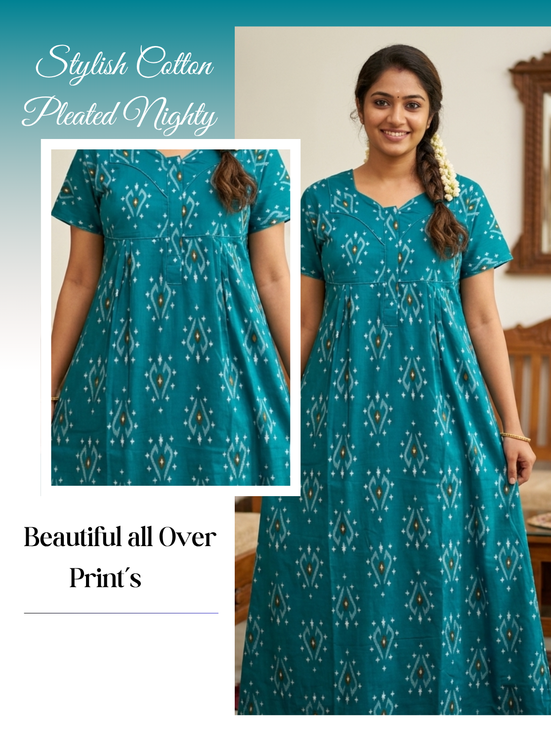 MANGAI Premium Cotton Printed Pleated Model Half Sleeve 4XL Size Nighties - Fancy Neck | With Side Pocket |Shrinkage Free Nighties | Trendy Collection's for Stylish Women's (4PZ)