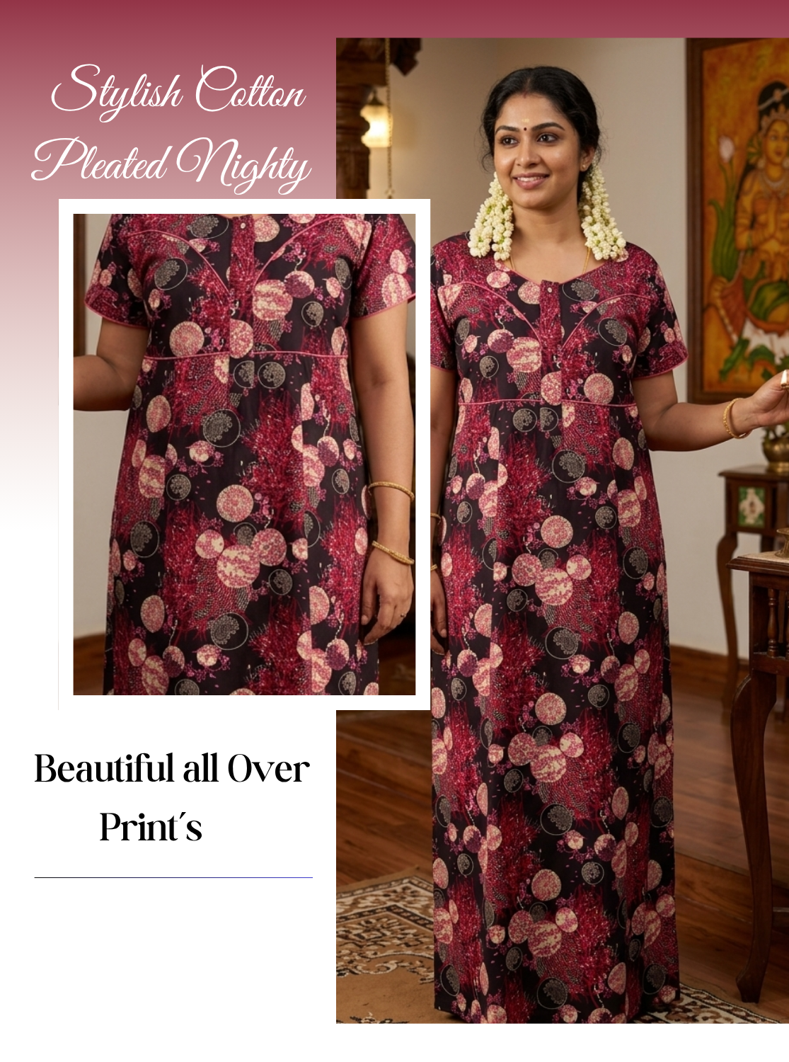 MANGAI Premium Cotton Printed Pleated Model Half Sleeve 4XL Size Nighties - Fancy Neck | With Side Pocket |Shrinkage Free Nighties | Trendy Collection's for Stylish Women's (4PZ)