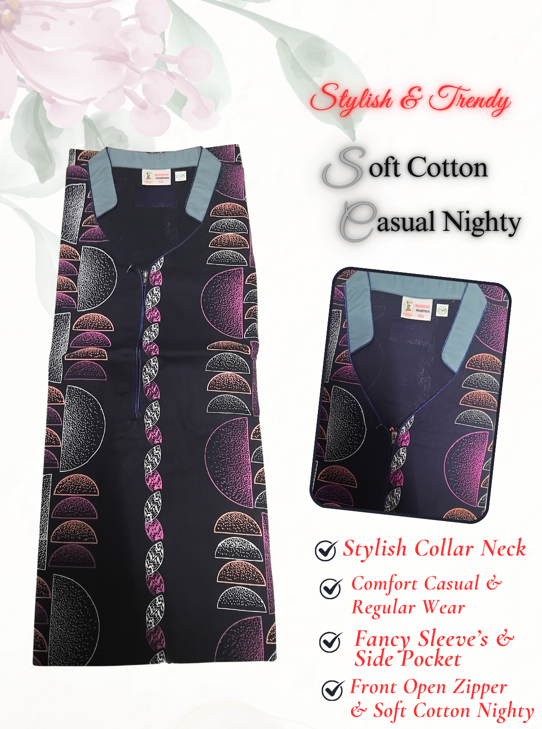 MANGAI New Regular Fit Cotton PrintedNighties - All Over Printed Stylish COLLAR Model Nighties| Side Cut Pocket | Beautiful Nighties for Stylish Women's (EM)