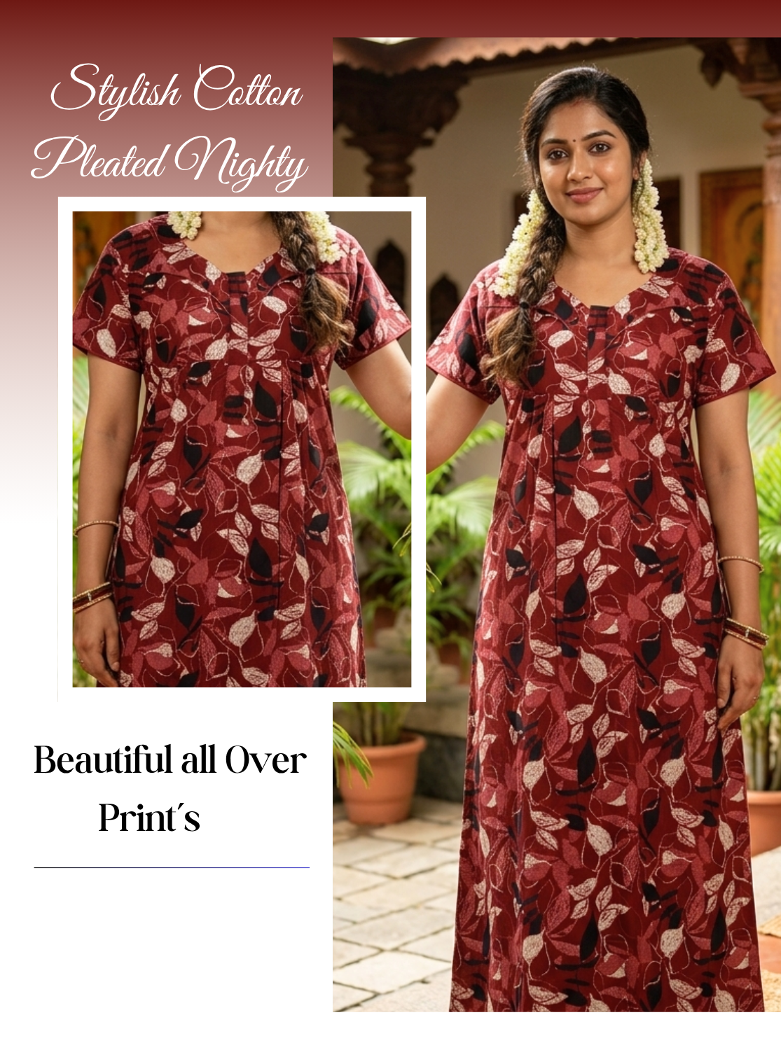 MANGAI Premium Cotton Printed Pleated Model Half Sleeve 4XL Size Nighties - Fancy Neck | With Side Pocket |Shrinkage Free Nighties | Trendy Collection's for Stylish Women's (4PZ)