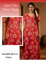 MANGAI Premium Cotton Printed Pleated Model Half Sleeve 4XL Size Nighties - Fancy Neck | With Side Pocket |Shrinkage Free Nighties | Trendy Collection's for Stylish Women's (4PZ)