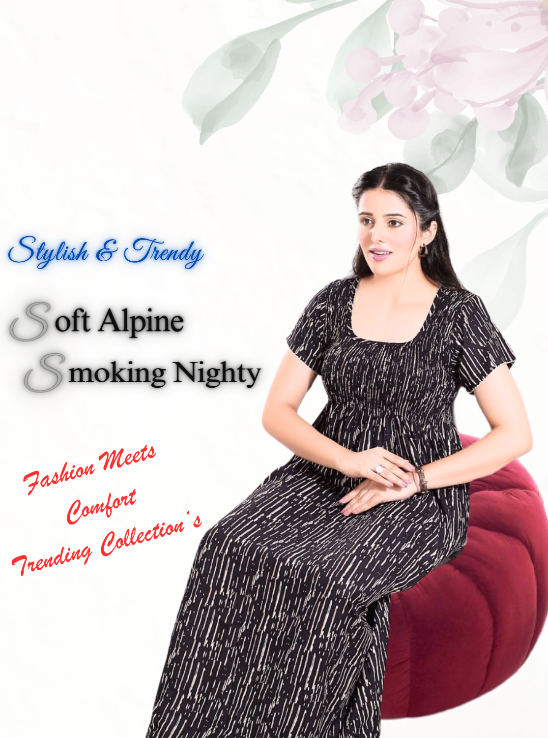 New Arrivals ONLY MINE Premium ALPINE Smokey Nighty | Beautiful Pleated Design | Side Pocket | Stylish Nighty for Trendy Women's | Your Perfect Nightwear Collection's (ALS)