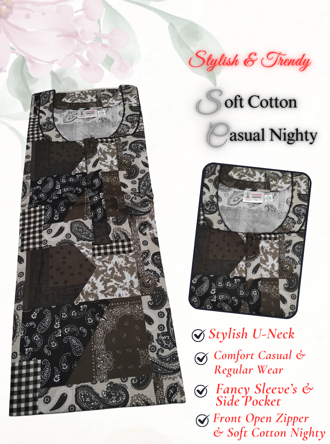 MANGAI New Regular Fit Cotton PrintedNighties - All Over Printed Stylish Nightwear for Stylish Women | Side Cut Pocket | Beautiful Nighties for Stylish Women's (NL)