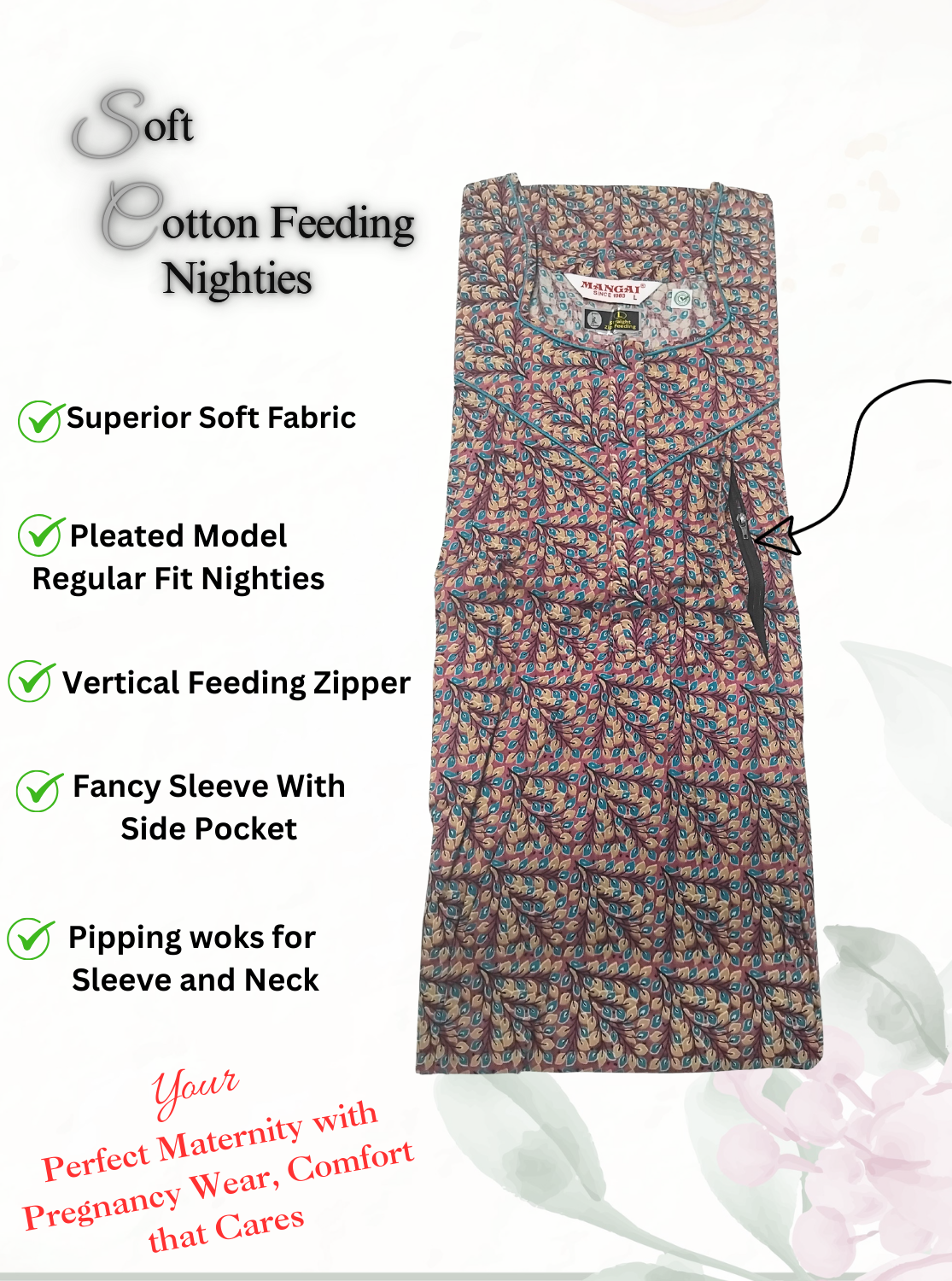 MANGAI Cotton Straight Zip Feeding Nighty |Post Pregnancy | Comfort and Style | Pleated Model | Soft Cotton Feeding Nighties (STF)