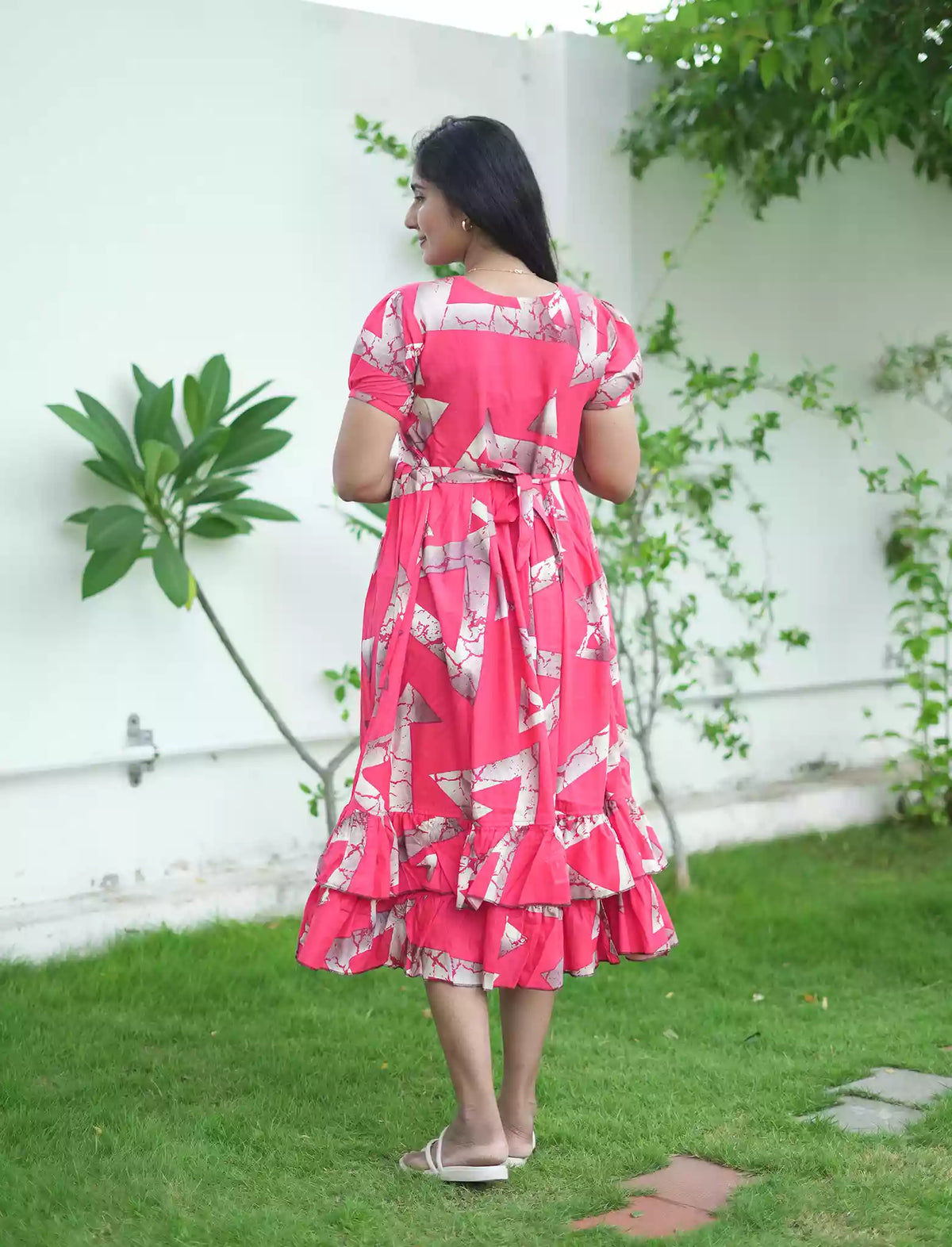 Rayon Abstract Geometric Print Maxi Frock with Back Tie - Mangai Nighties