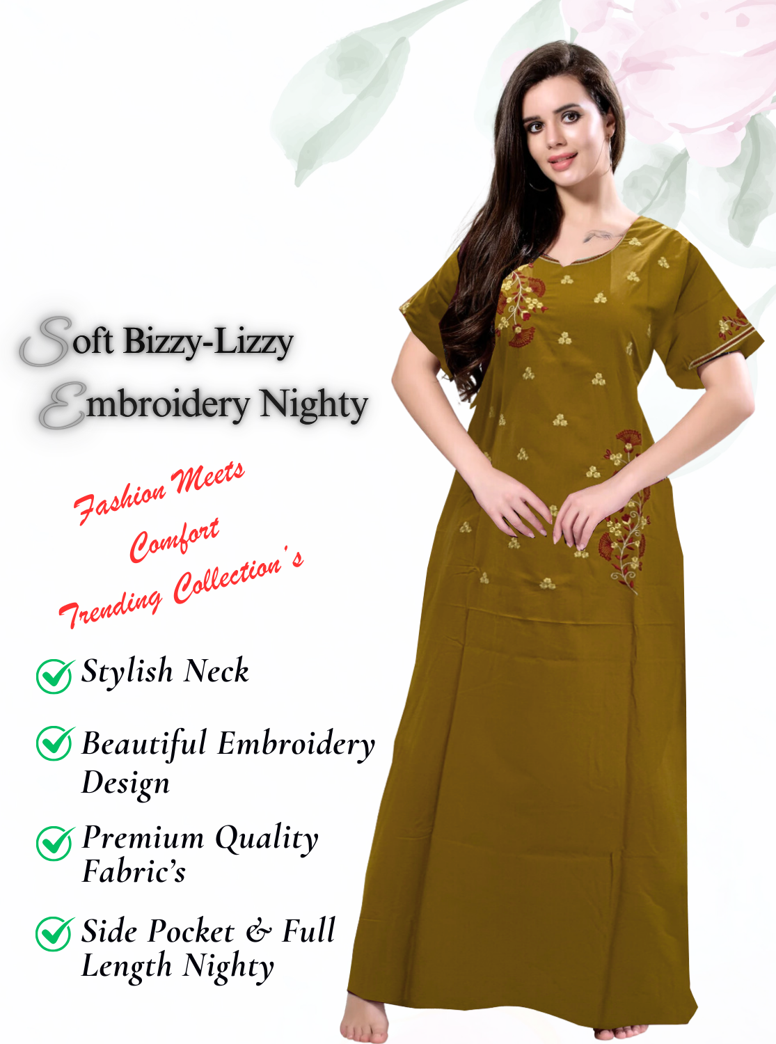 Stylish Embroidery Nightgown | Superior Quality Bizzy - Lizzy Nighty | Plain Pattern with Beautiful Embroidery Work's | Updated Collection's (CPL)