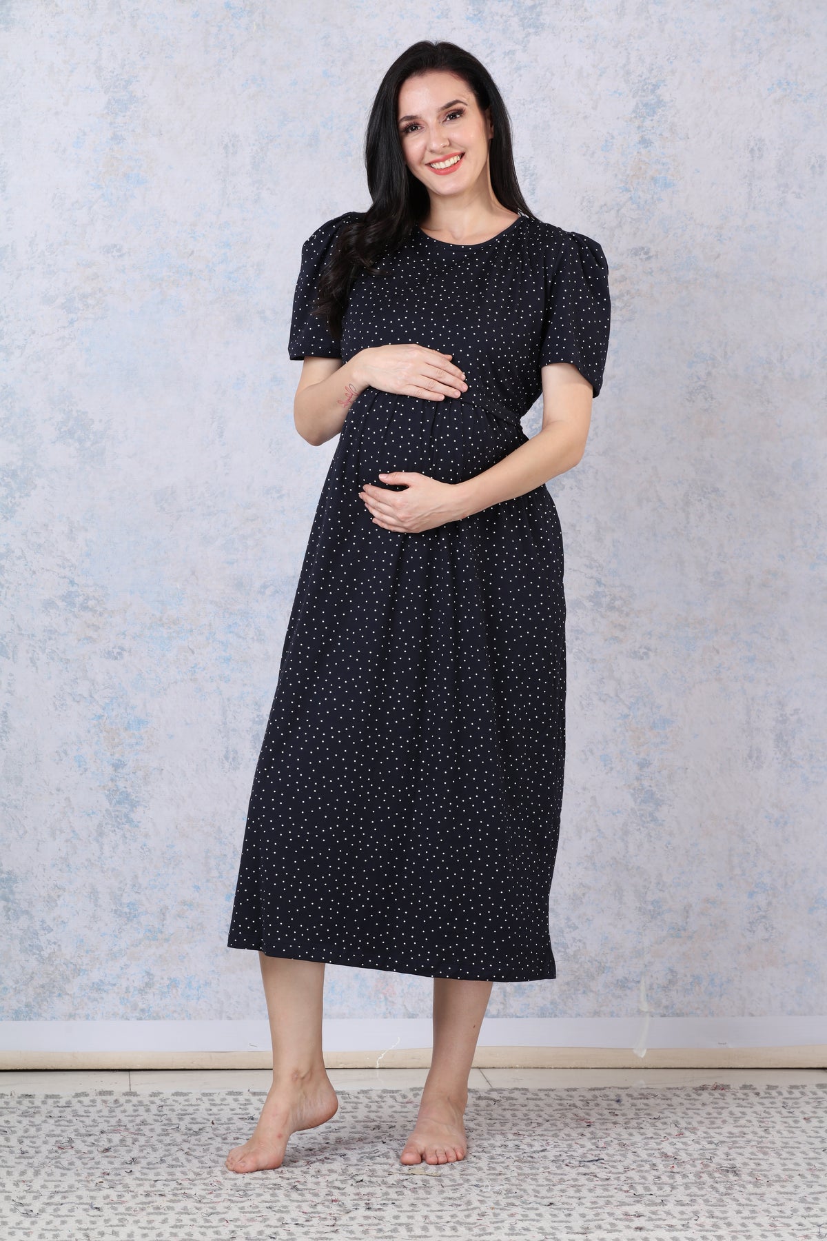New HOSIERY Cotton Zipless Feeding Wear | Puff Sleeve with Round Neck | Flap Open Zipless Feeding wear for Pregnancy Women (MHG)