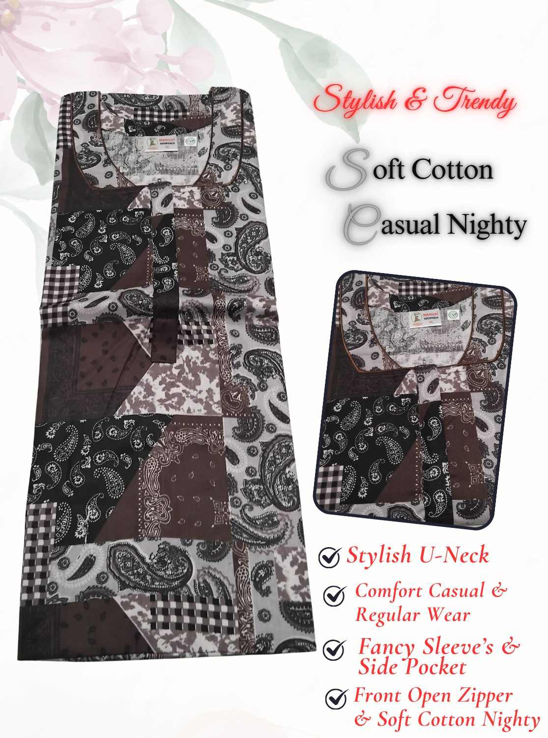 MANGAI New Regular Fit Cotton PrintedNighties - All Over Printed Stylish Nightwear for Stylish Women | Side Cut Pocket | Beautiful Nighties for Stylish Women's (NL)