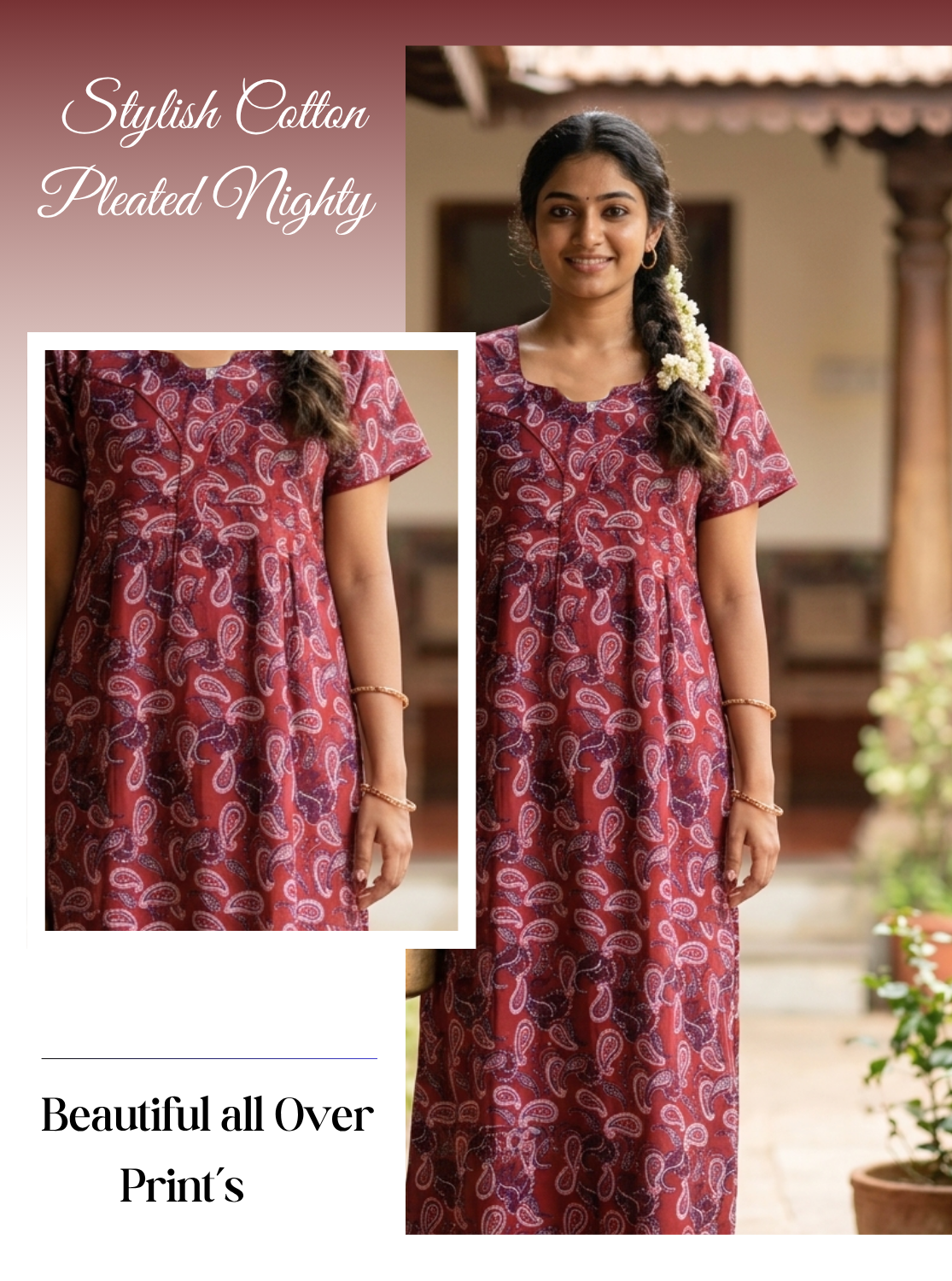 MANGAI Premium Cotton Printed Pleated Model Half Sleeve 4XL Size Nighties - Fancy Neck | With Side Pocket |Shrinkage Free Nighties | Trendy Collection's for Stylish Women's (4PZ)